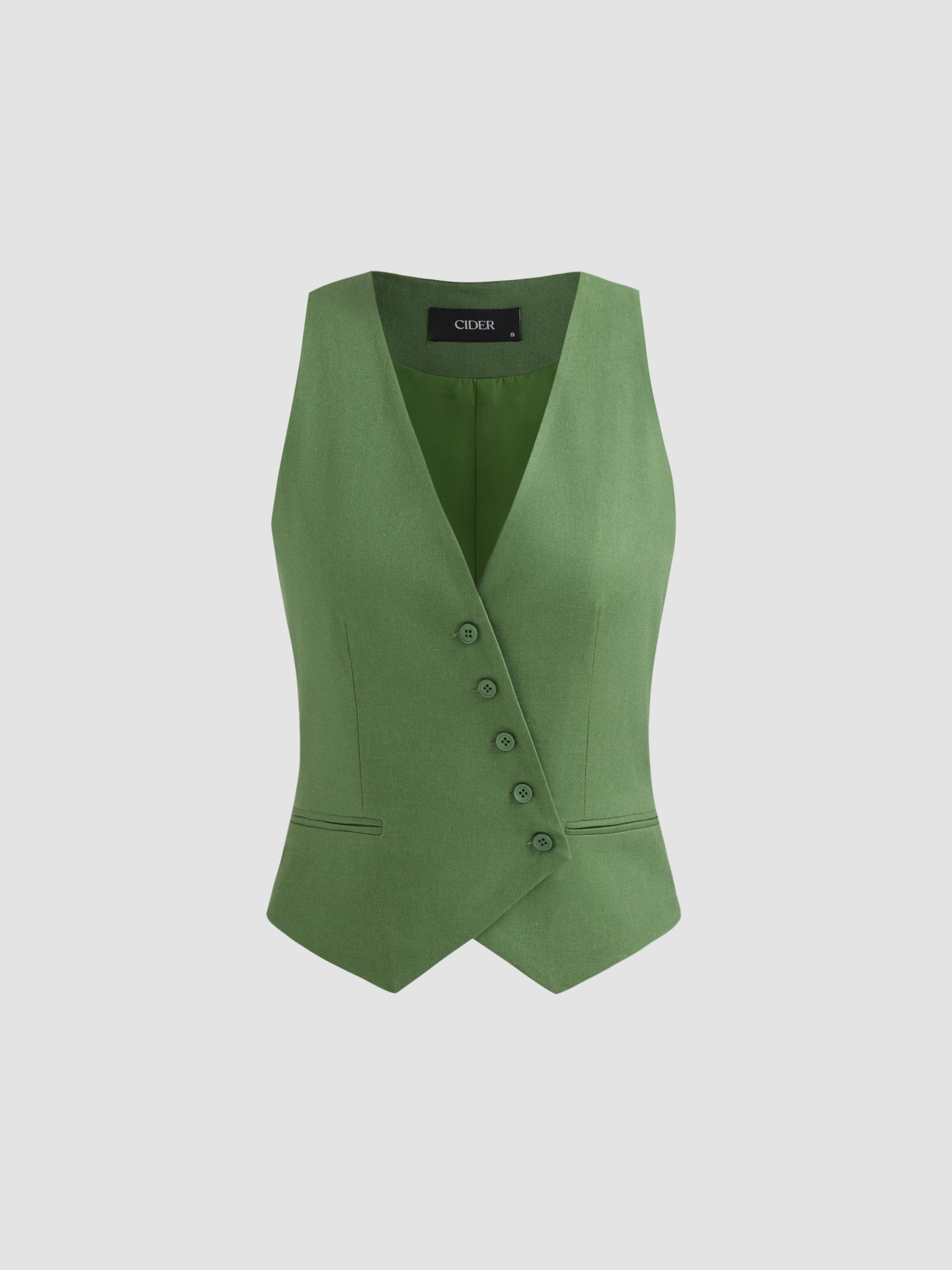 Linen-blend V-neck Solid Button Jacket Vest by CIDER