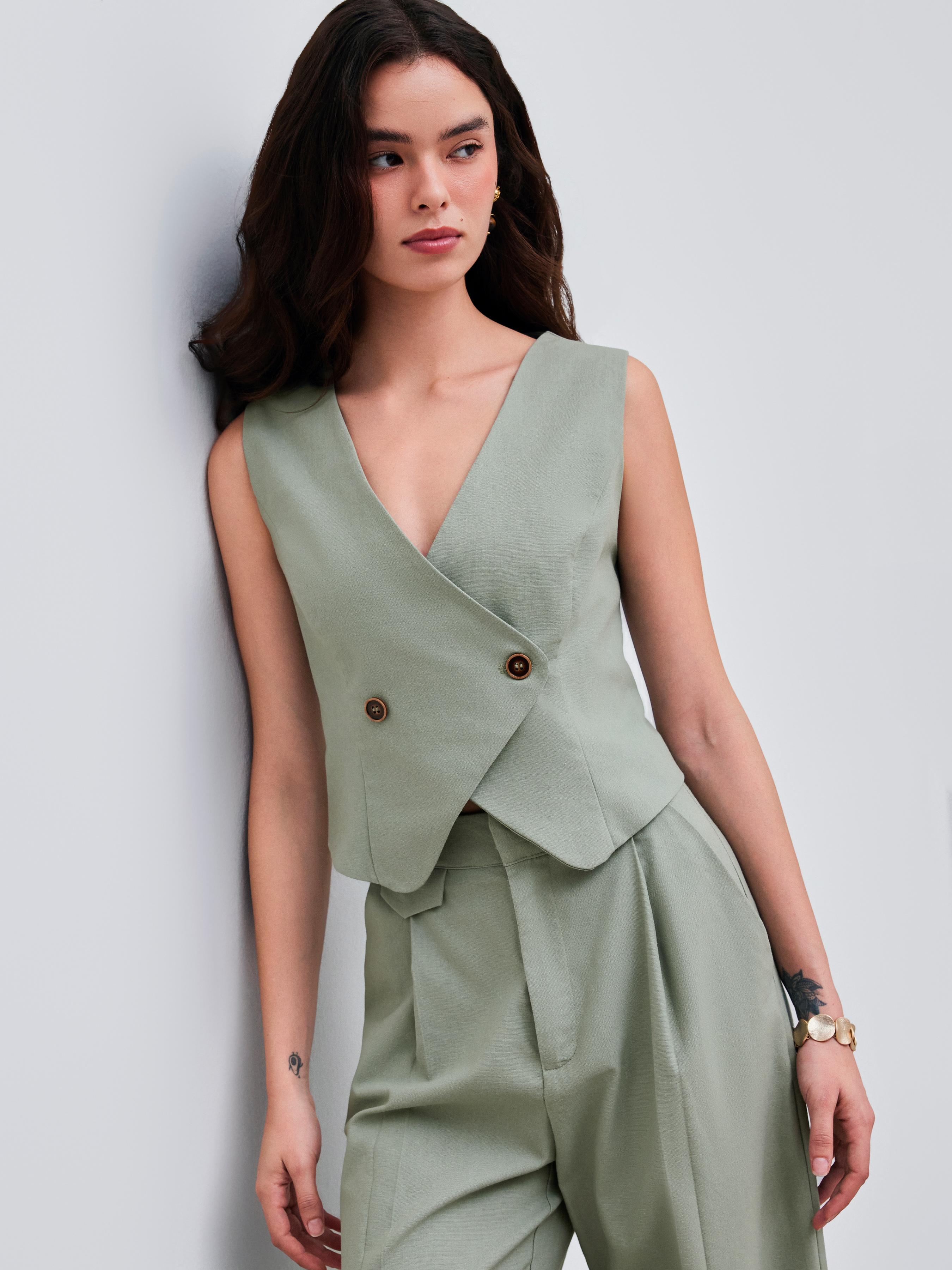Linen-blend V-neck Solid Button Vest by CIDER
