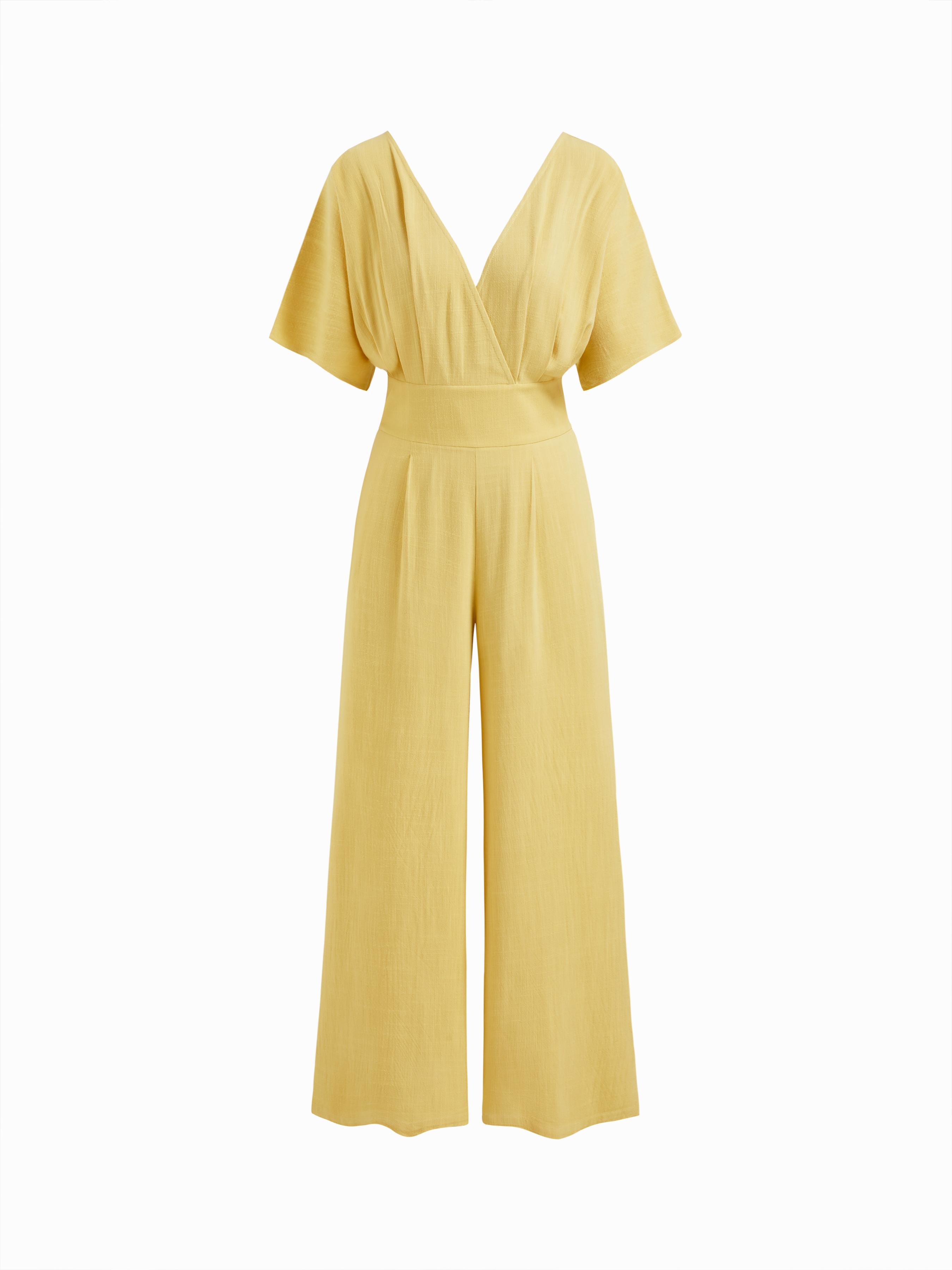 Linen-blend V-neck Solid Corset Middle Sleeve Pocket Jumpsuit by CIDER
