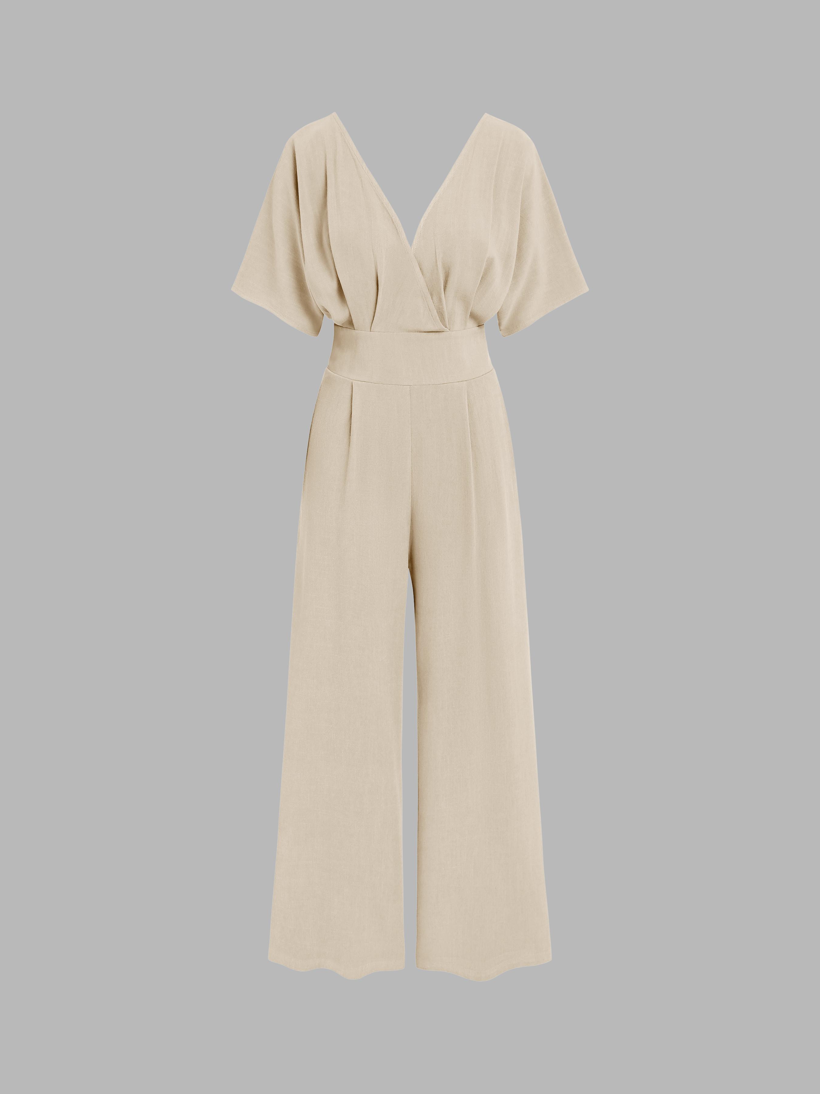 Linen-blend V-neck Solid Corset Middle Sleeve Pocket Jumpsuit by CIDER