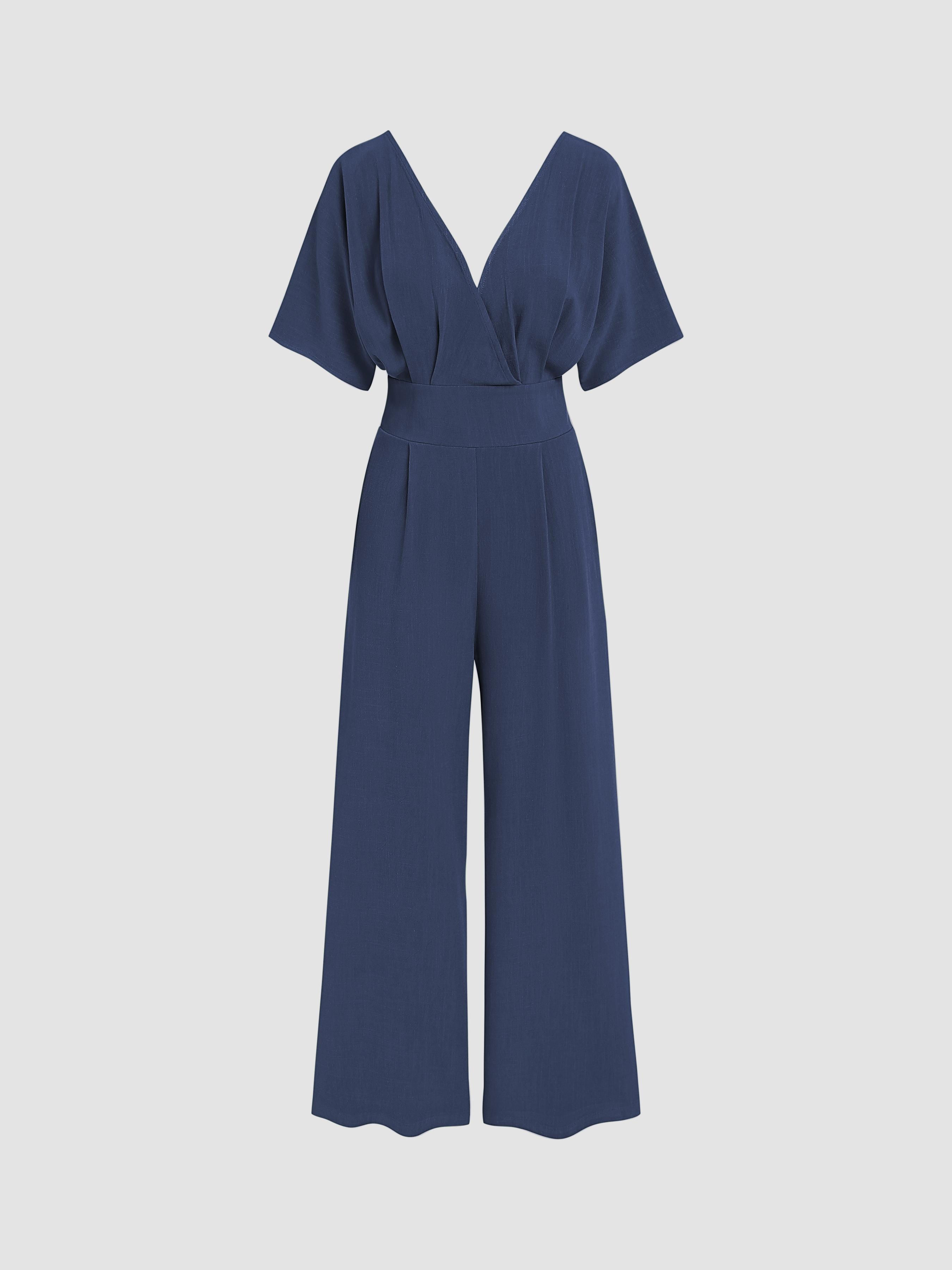 Linen-blend V-neck Solid Corset Middle Sleeve Pocket Jumpsuit by CIDER