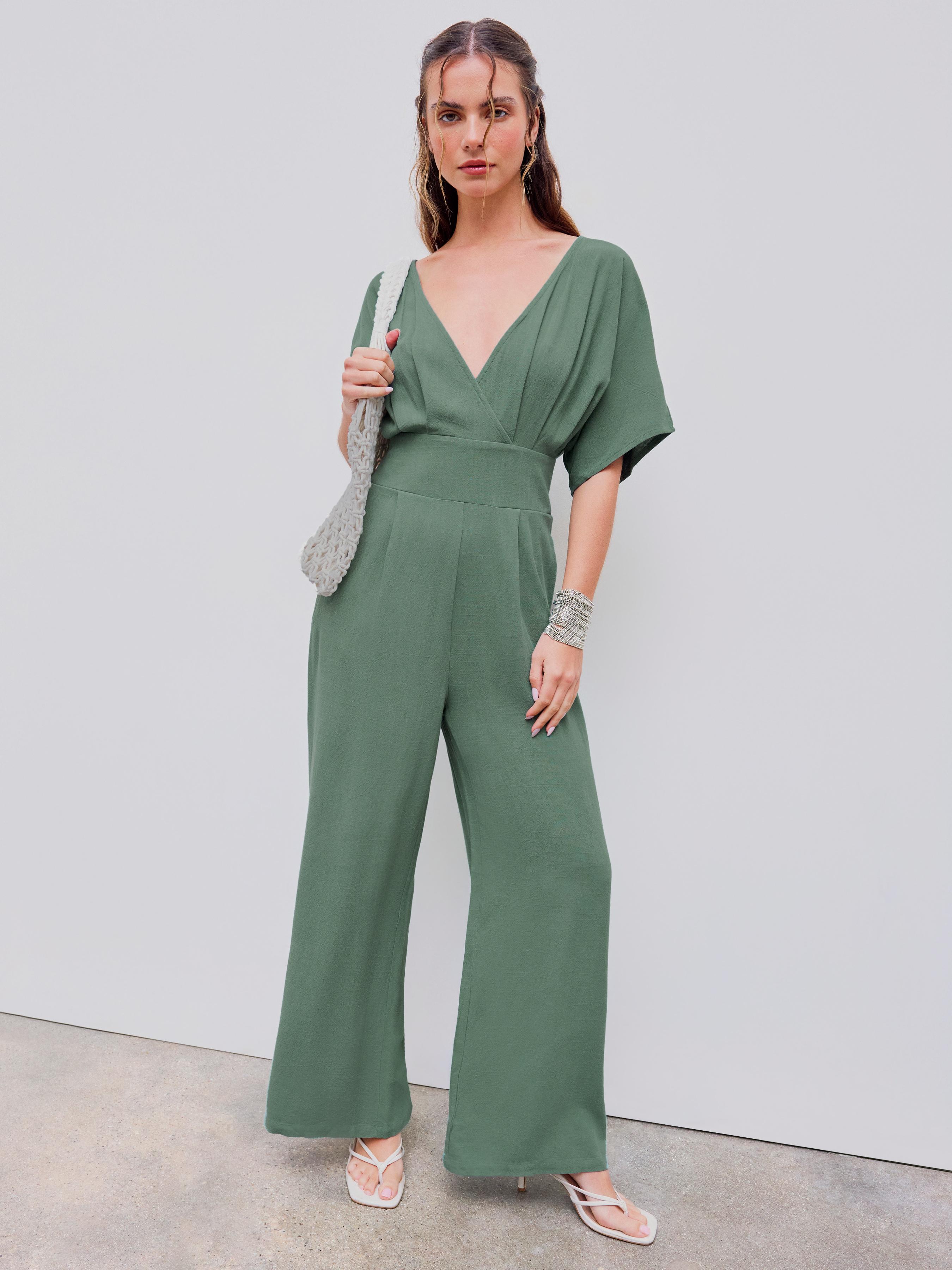 Linen-blend V-neck Solid Corset Middle Sleeve Pocket Jumpsuit by CIDER