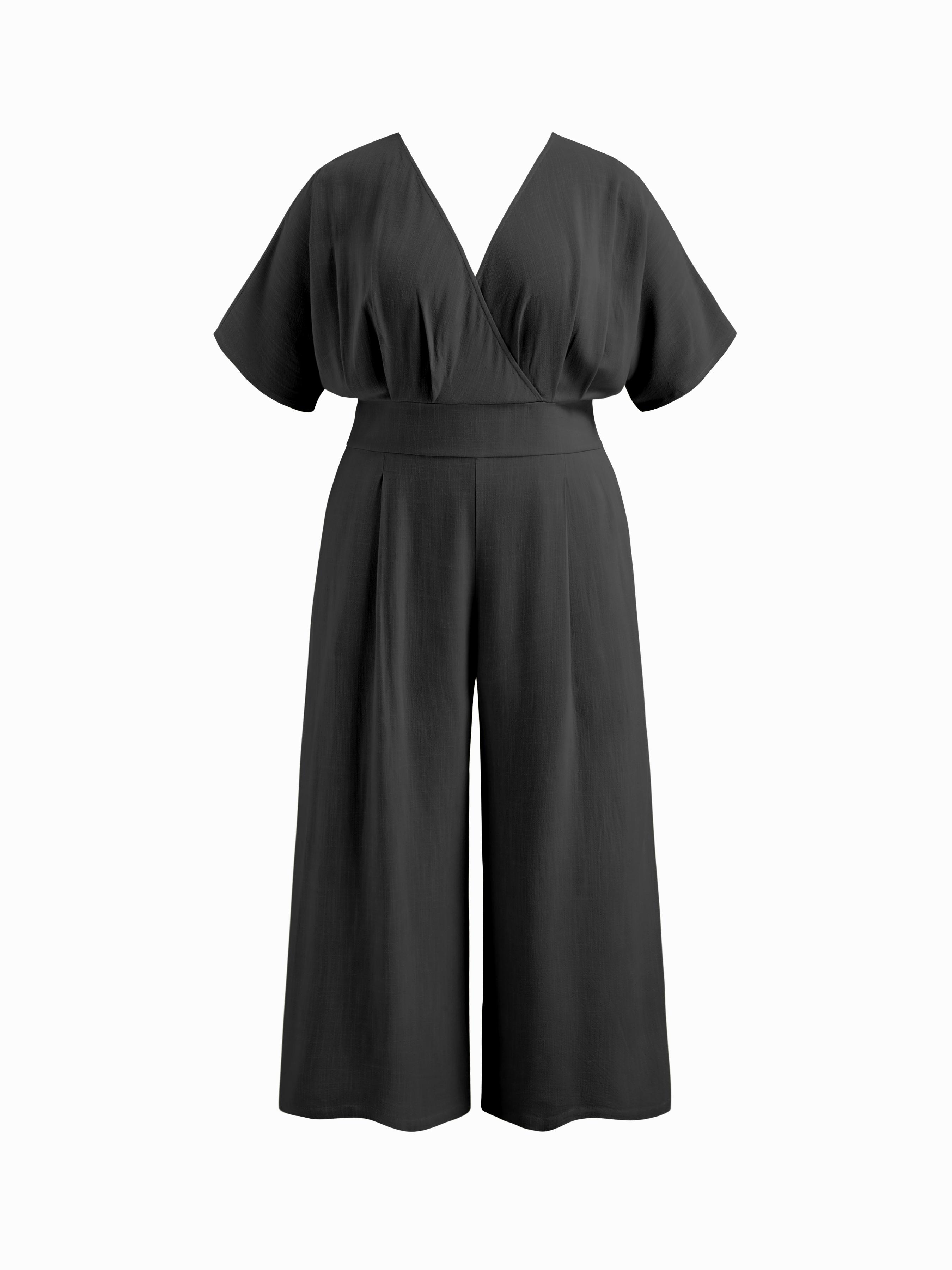 Linen-blend V-neck Solid Corset Pocket Jumpsuit Curve & Plus by CIDER