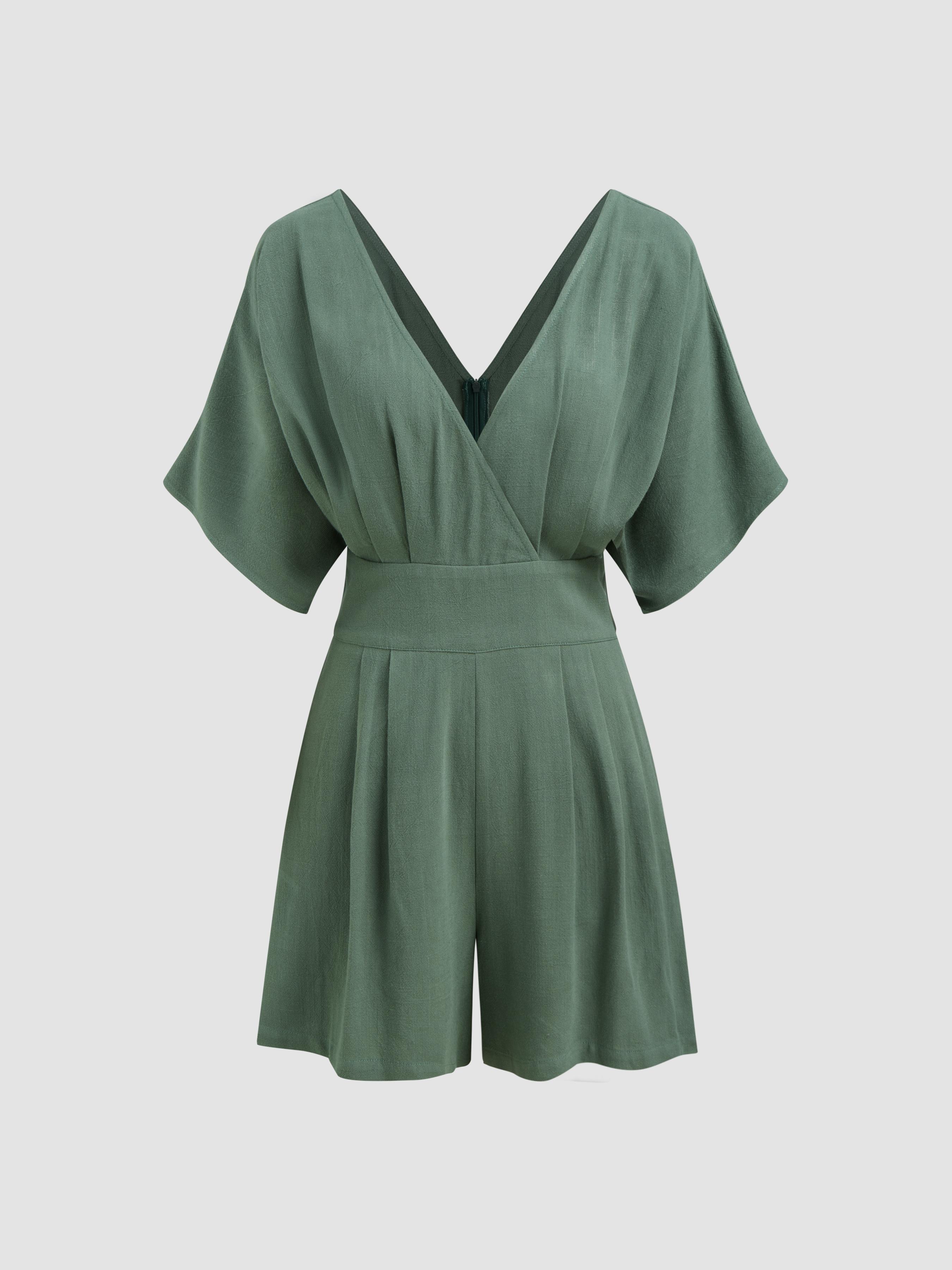 Linen-blend V-neck Solid Pocket Zipper Romper by CIDER
