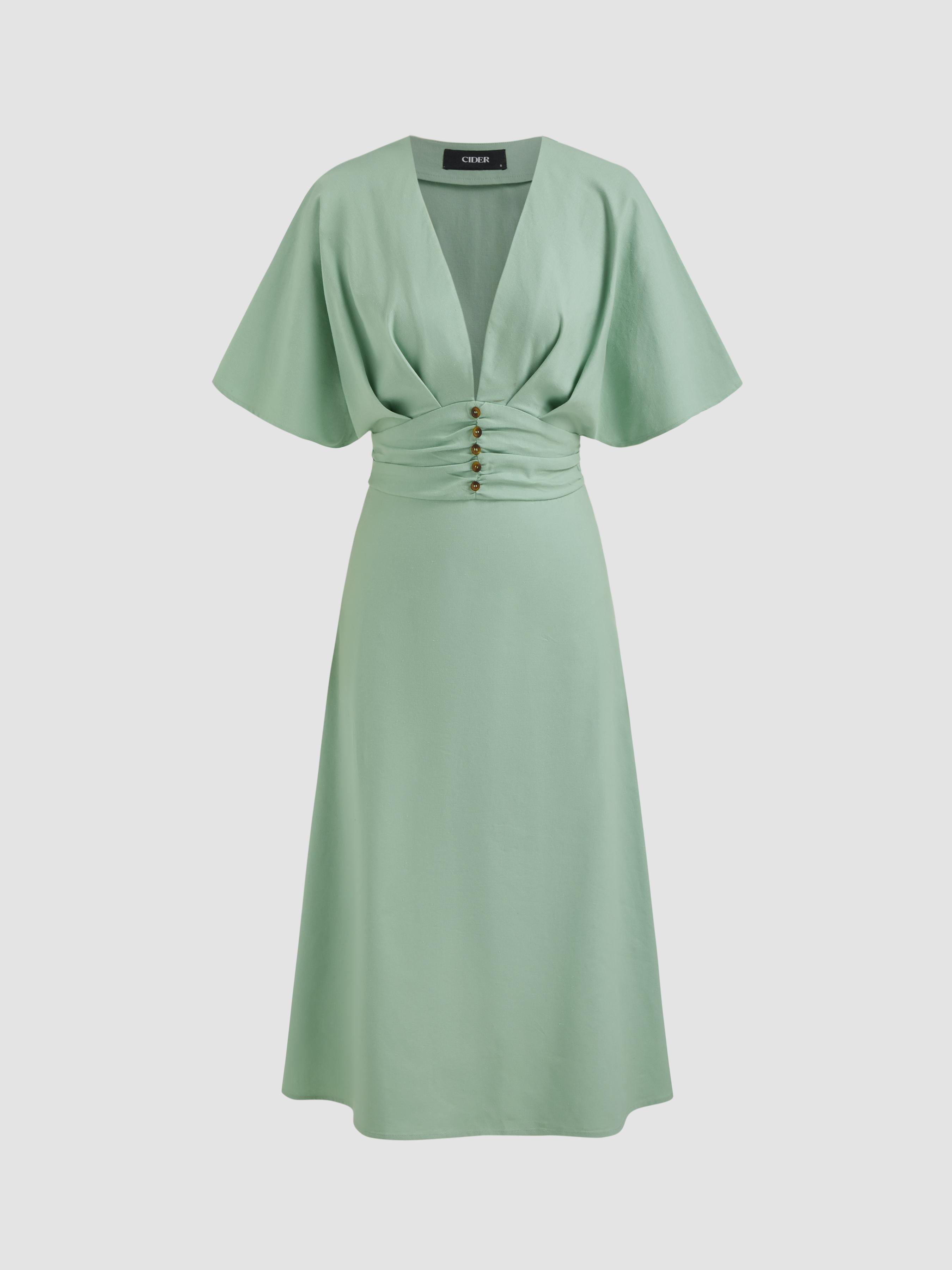 Linen-blend V-neck Solid Ruffle Ruched Midi Dress by CIDER
