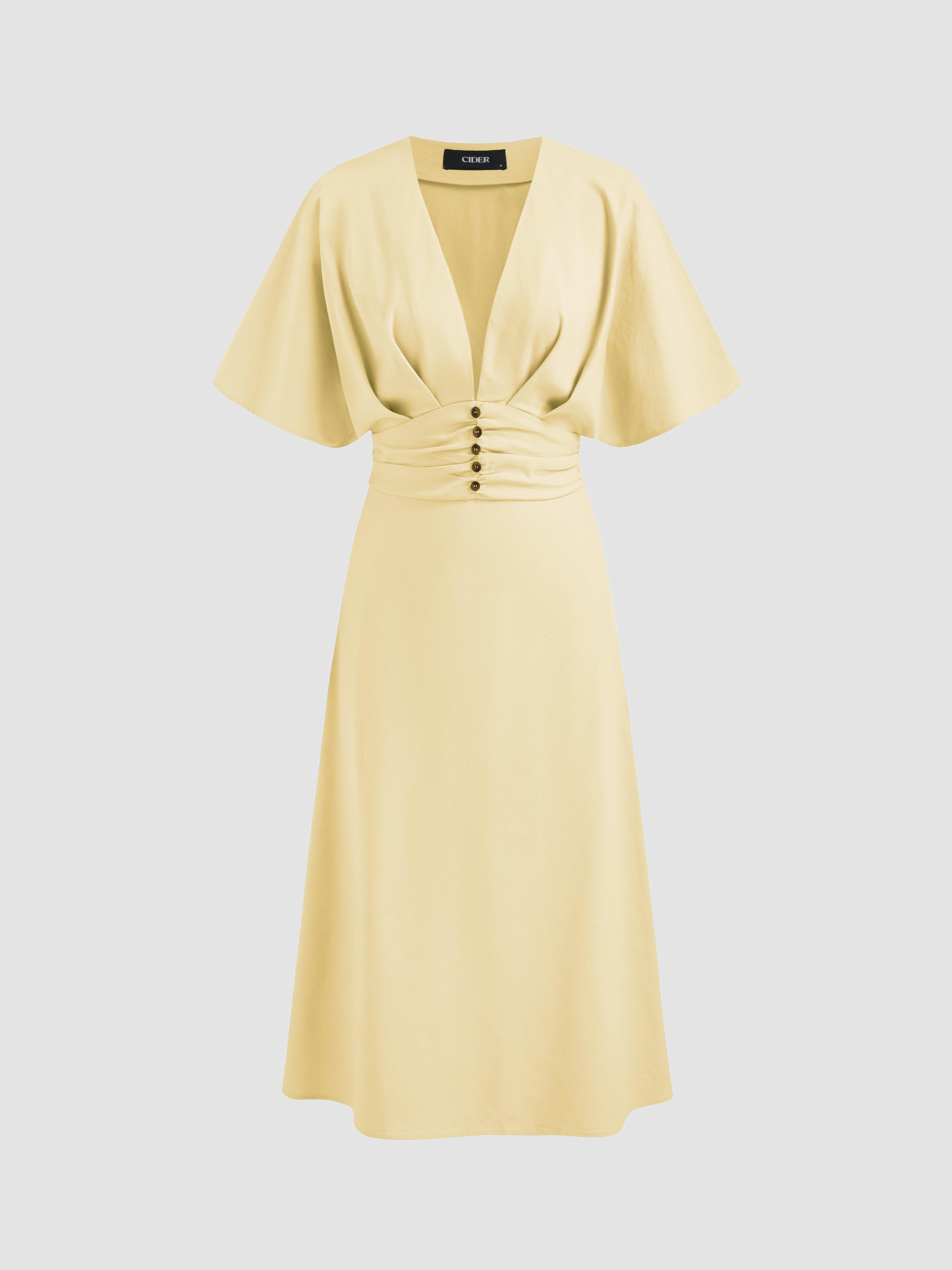 Linen-blend V-neck Solid Ruffle Ruched Midi Dress by CIDER