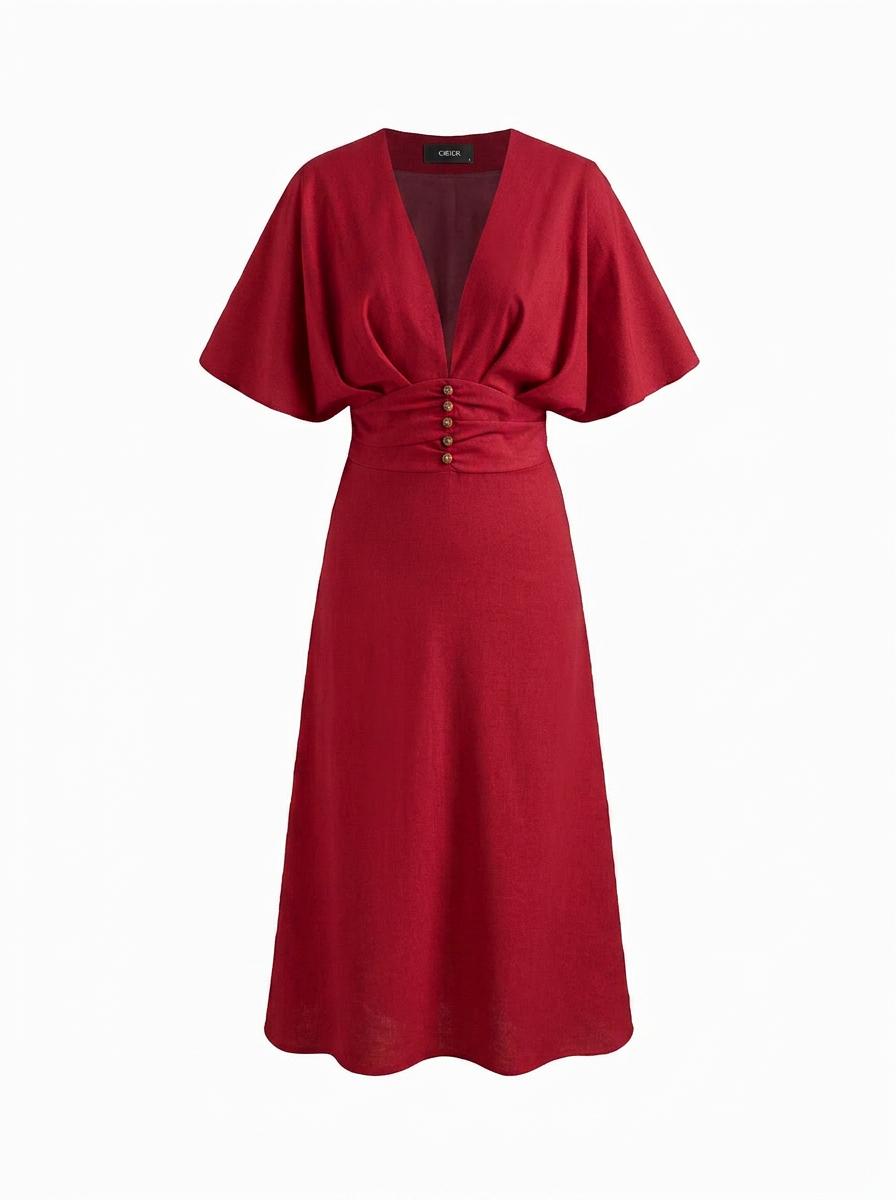 Linen-blend V-neck Solid Ruffle Ruched Midi Dress by CIDER