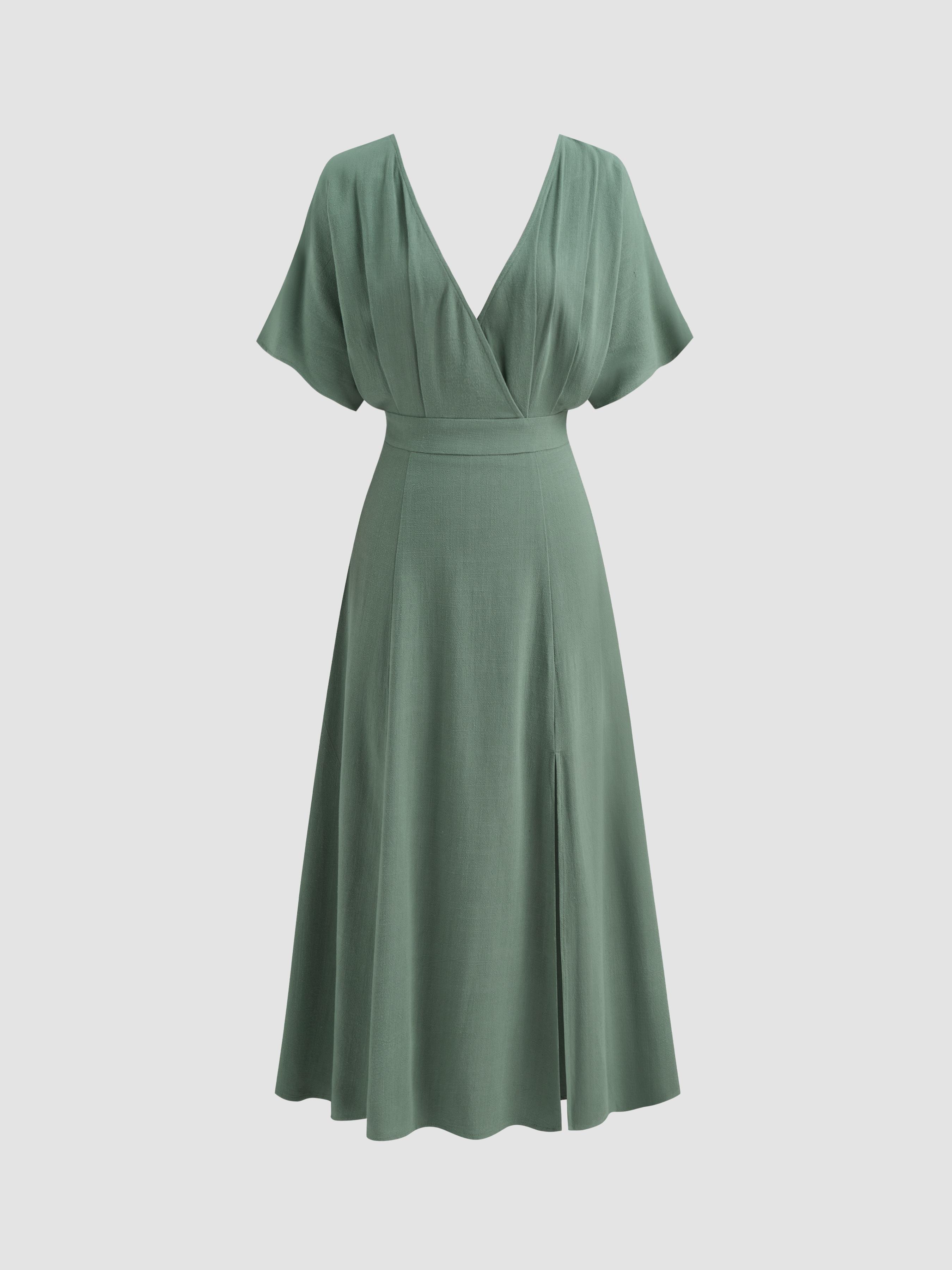 Linen-blend V-neck Solid Ruffle Split Maxi Dress by CIDER