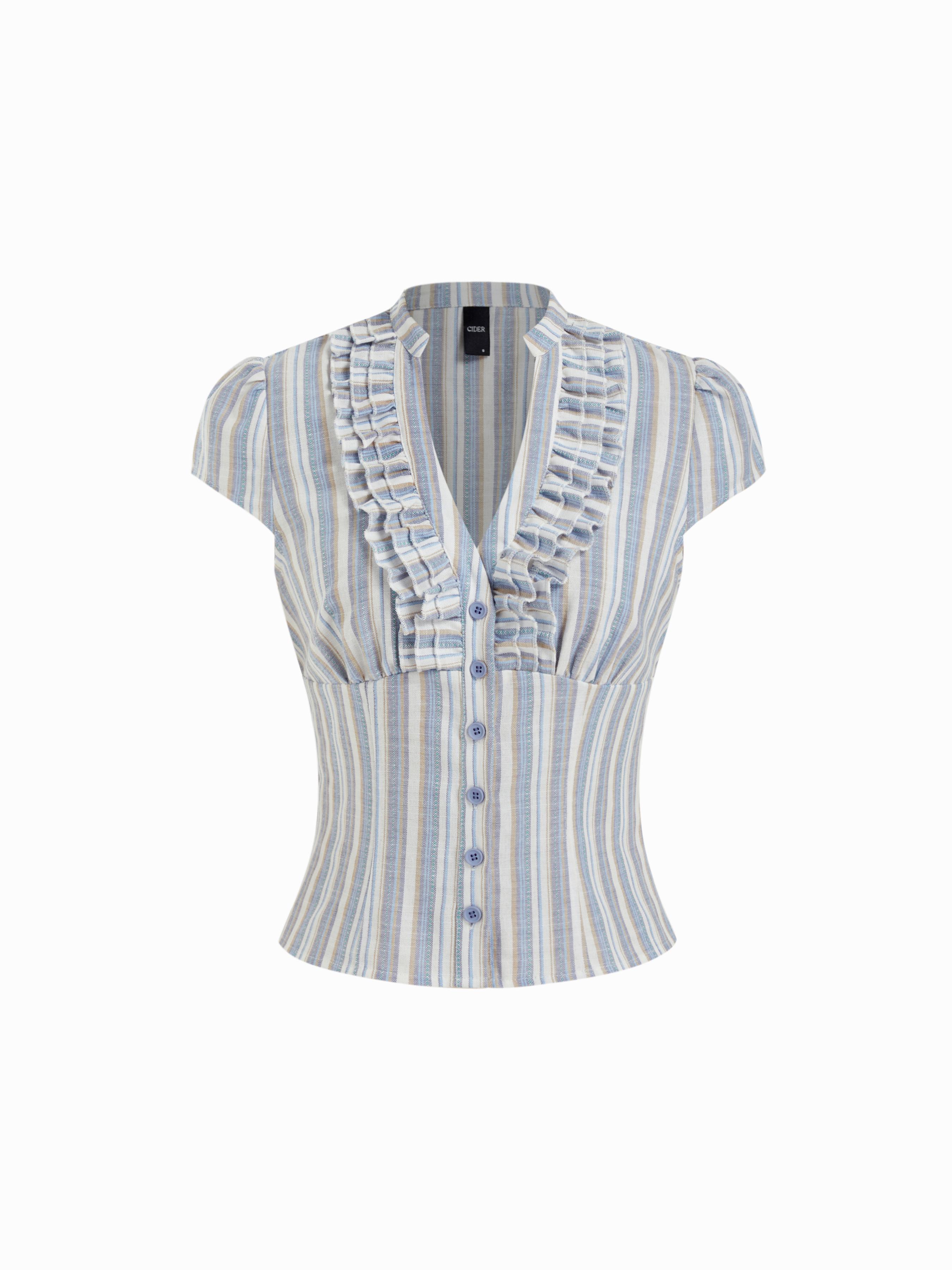 Linen-blend V-neck Striped Ruffled Blouse by CIDER