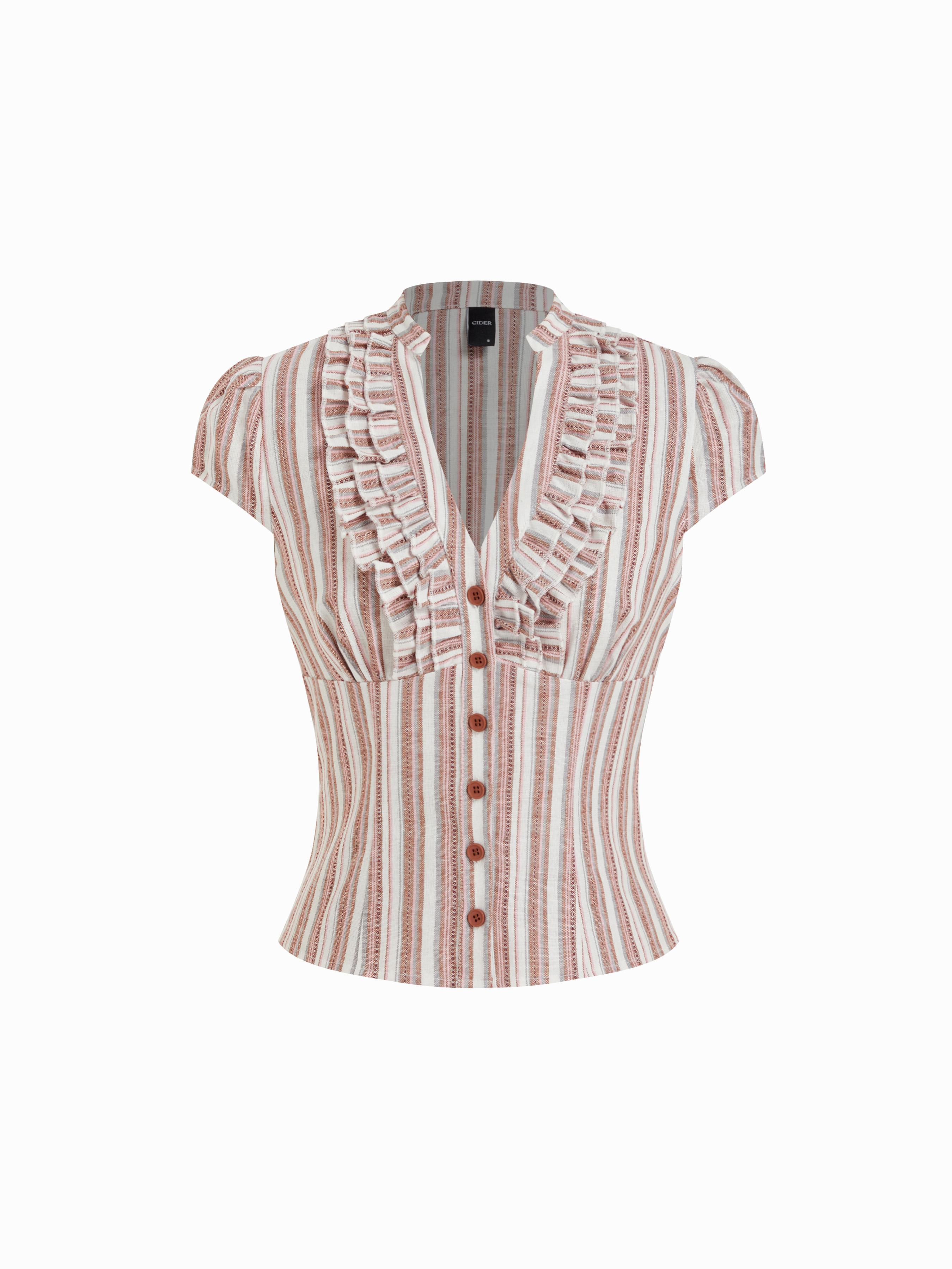 Linen-blend V-neck Striped Ruffled Blouse by CIDER
