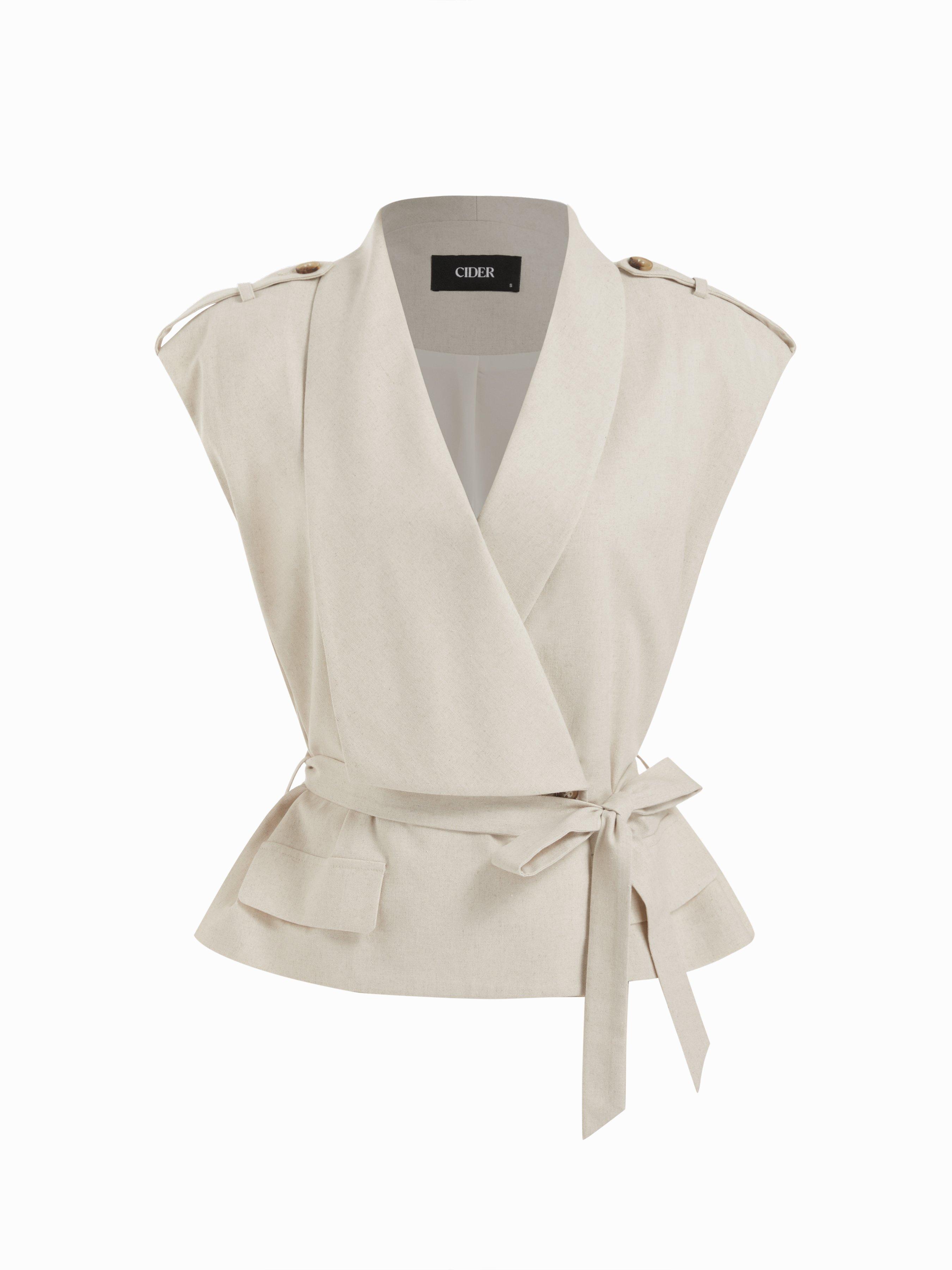 Linen-blend V-neck Wrap Belted Oversized Blazer Vest by CIDER