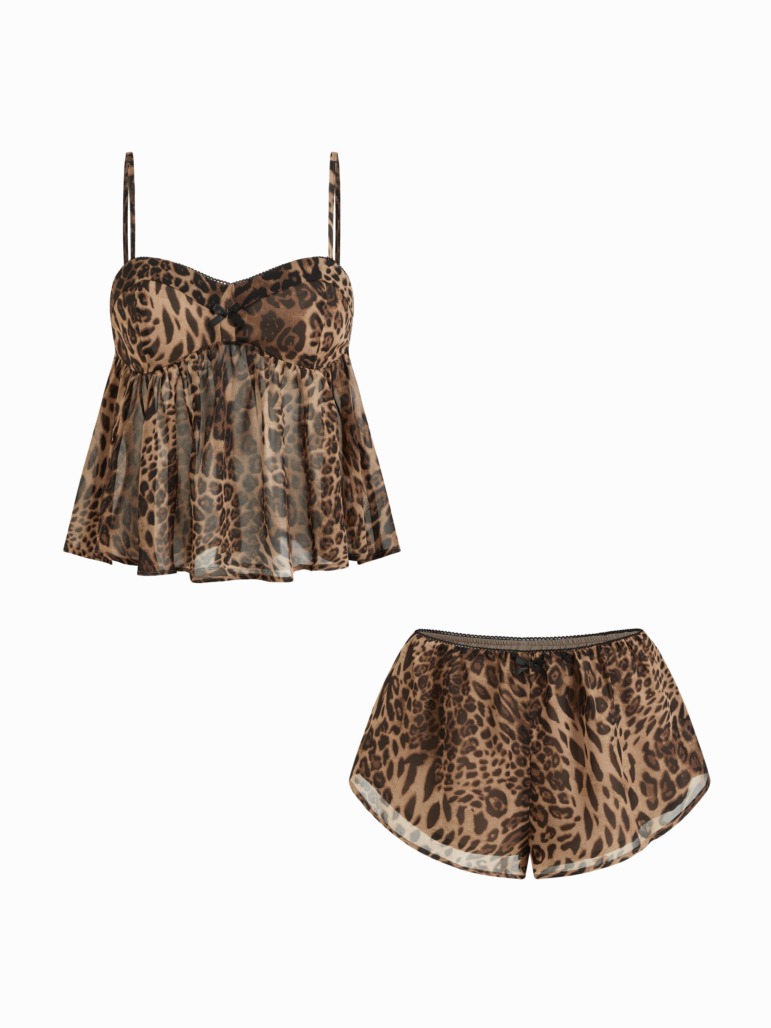Loungewear-Set mit Camisole mit Herzausschnitt, Leopardmuster und Schleife & Low-Rise-Shorts by CIDER