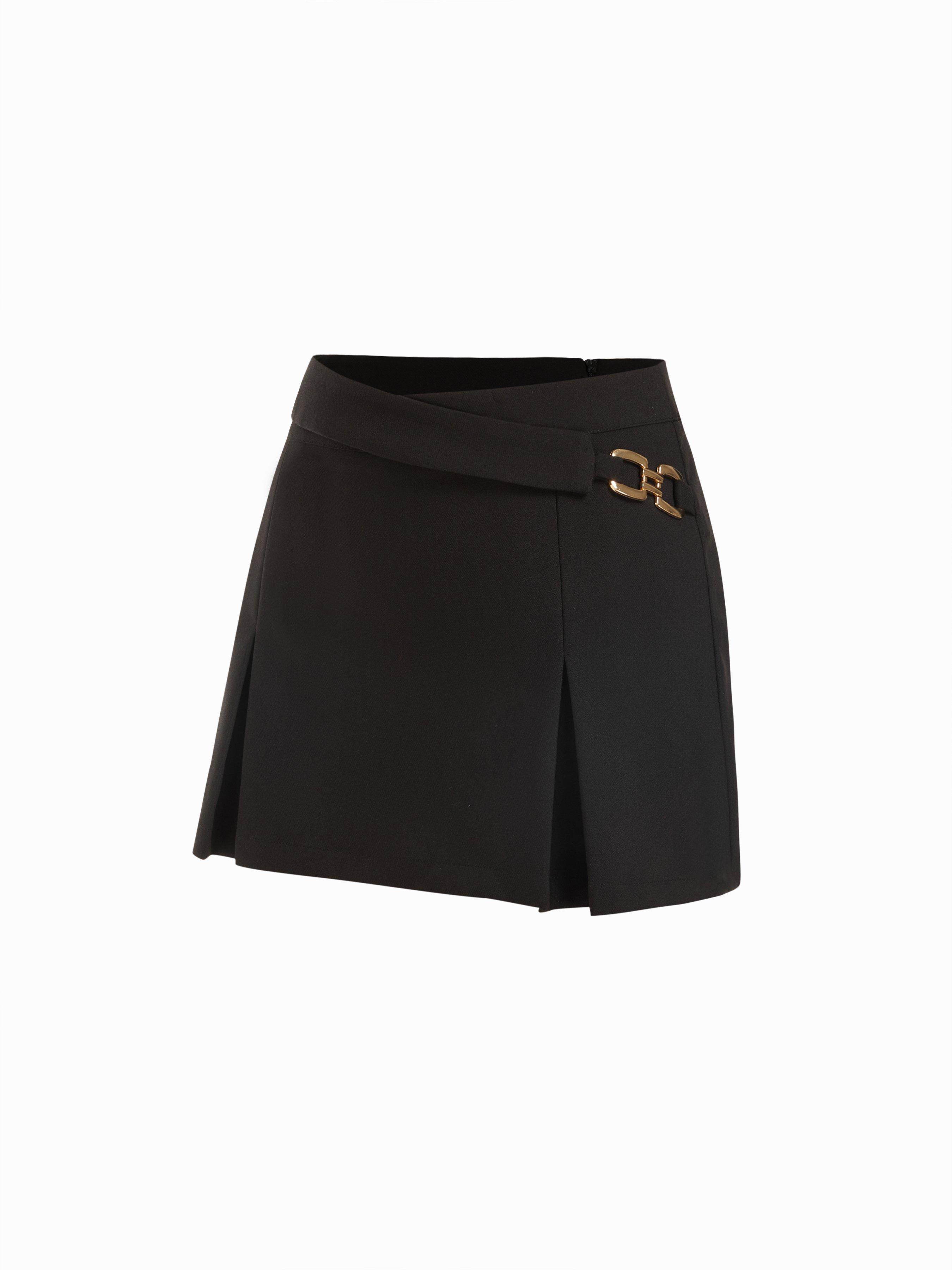 Low Rise Asymmetrical Metal Detail Pleated A-line Mini Skirt by CIDER