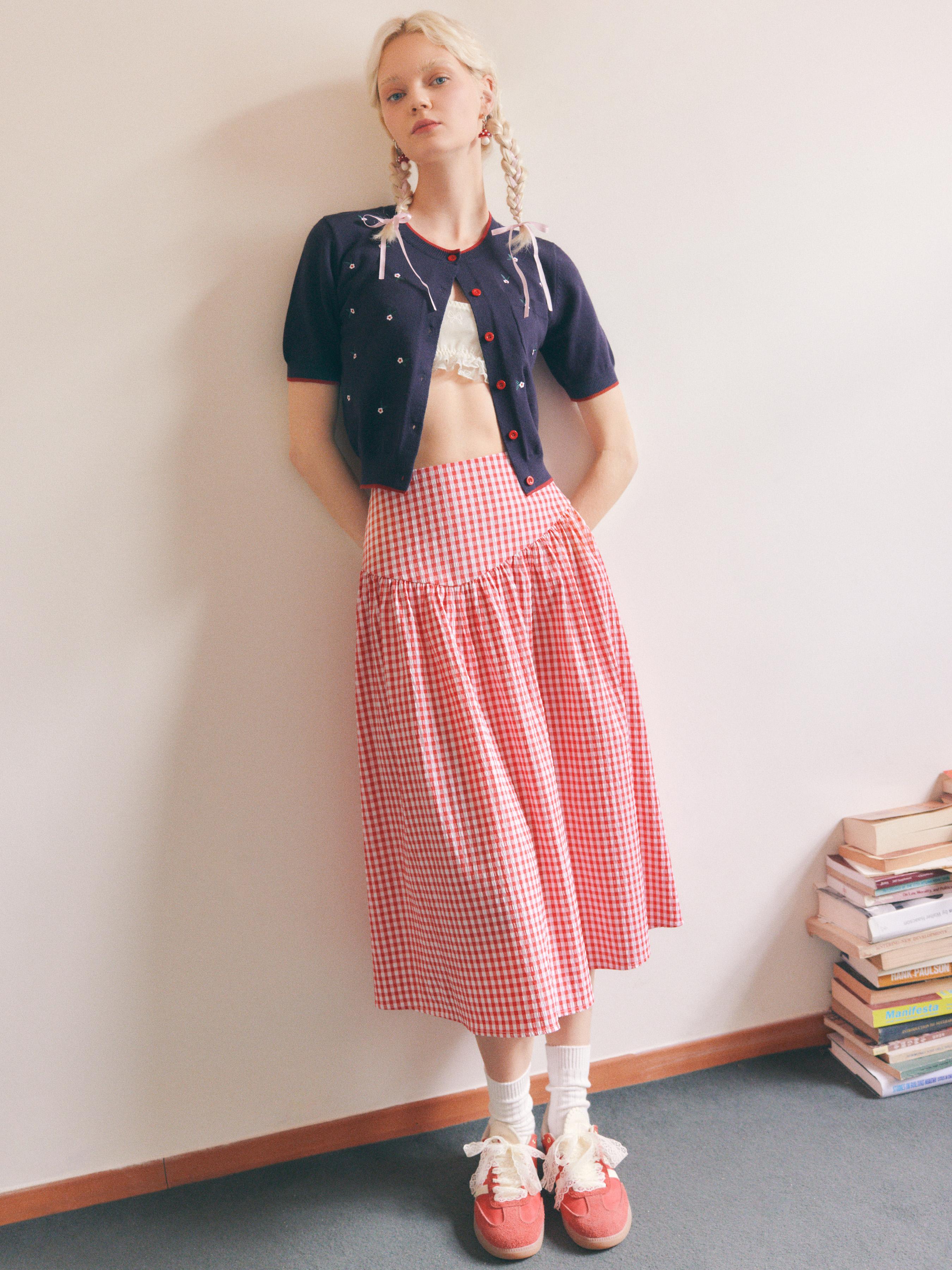Low Rise Gingham Zipper Midi Skirt by CIDER