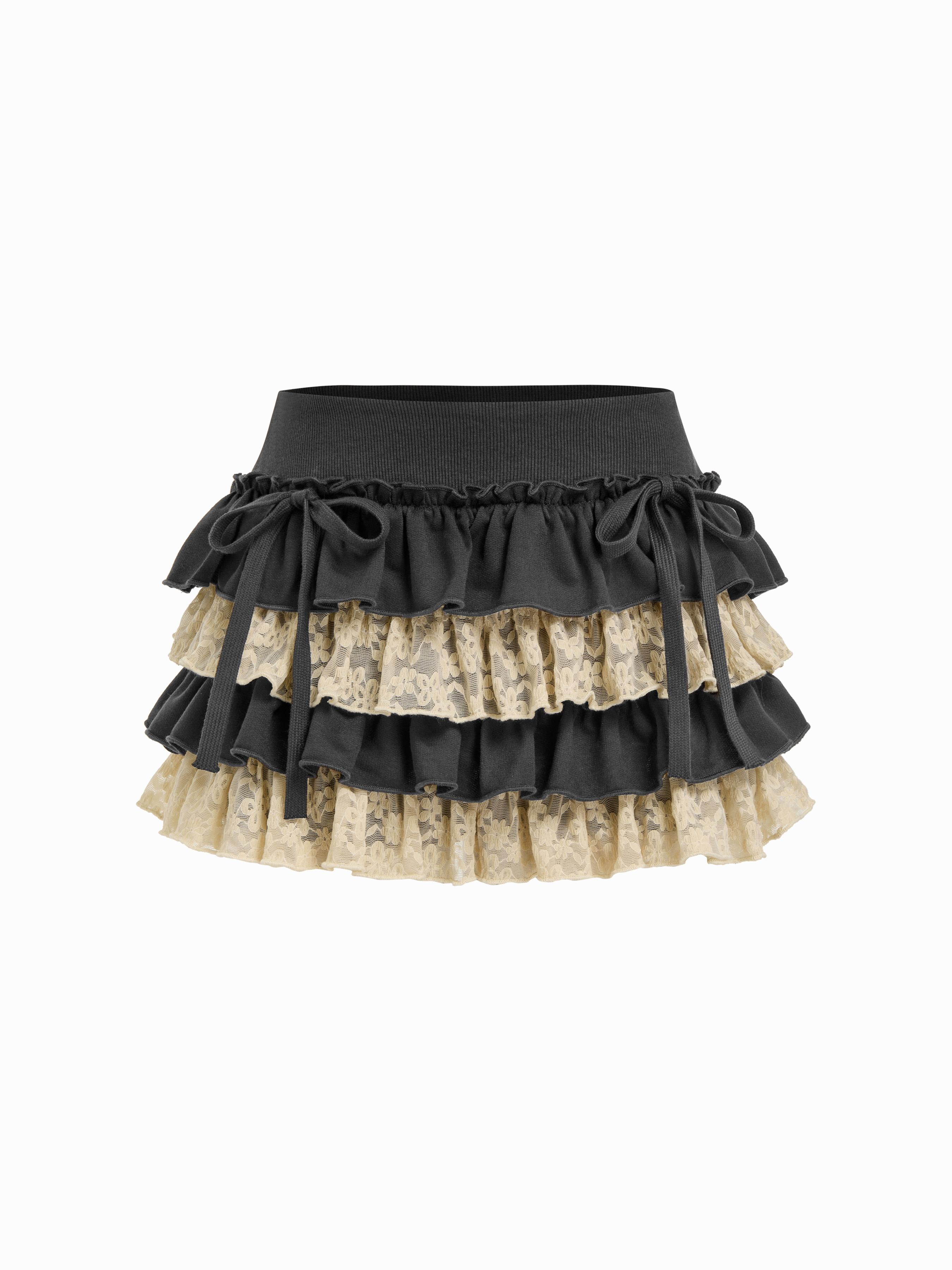 Low Rise Lace Layered Bowknot Lettuce Trim Mini Skort by undefined Low Rise Lace Layered Bowknot Lettuce Trim Mini Skort by undefined