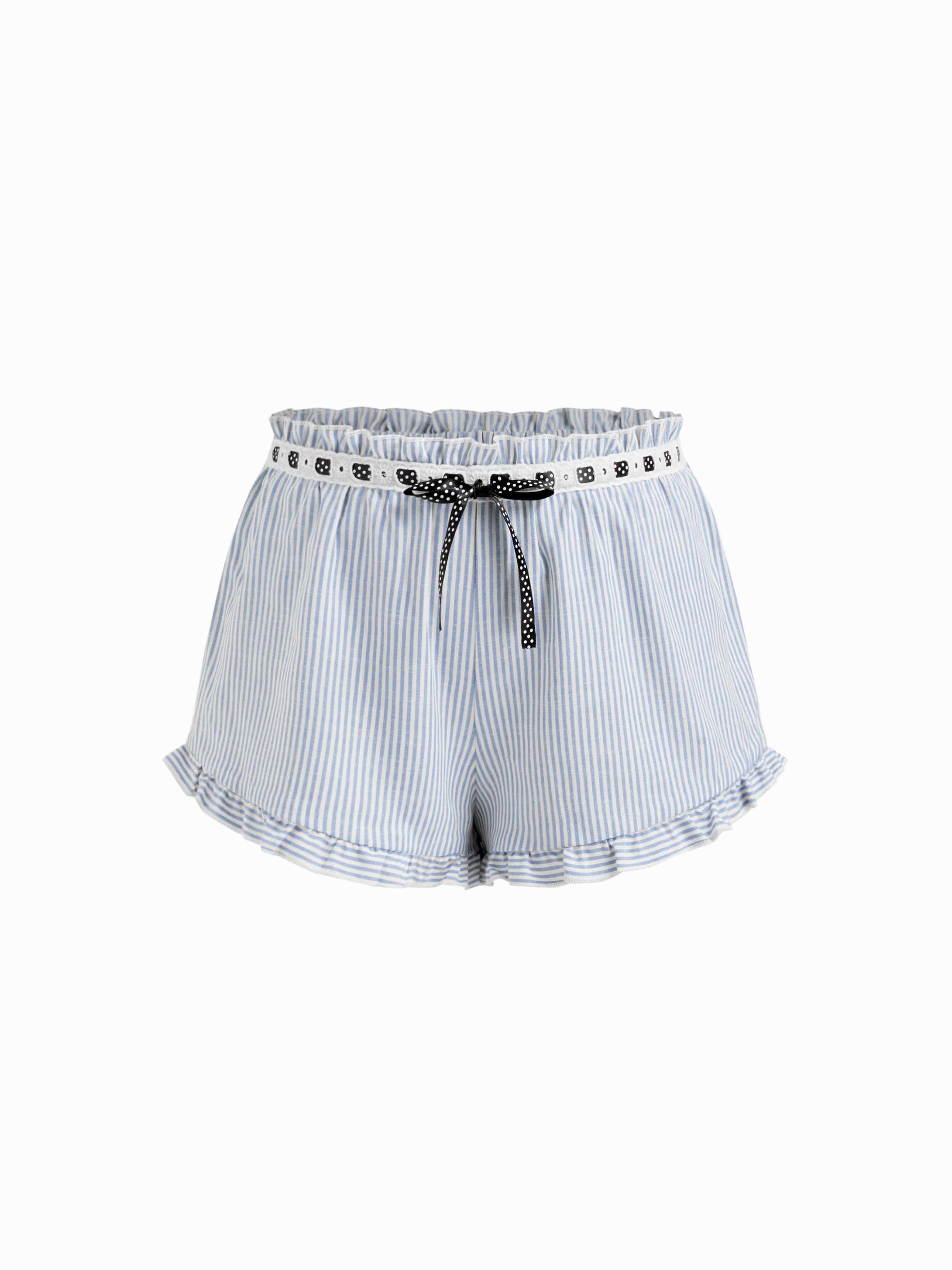 Low Rise Stripe Knotted Lettuce Trim Wide Leg Micro Loungewear Shorts by CIDER