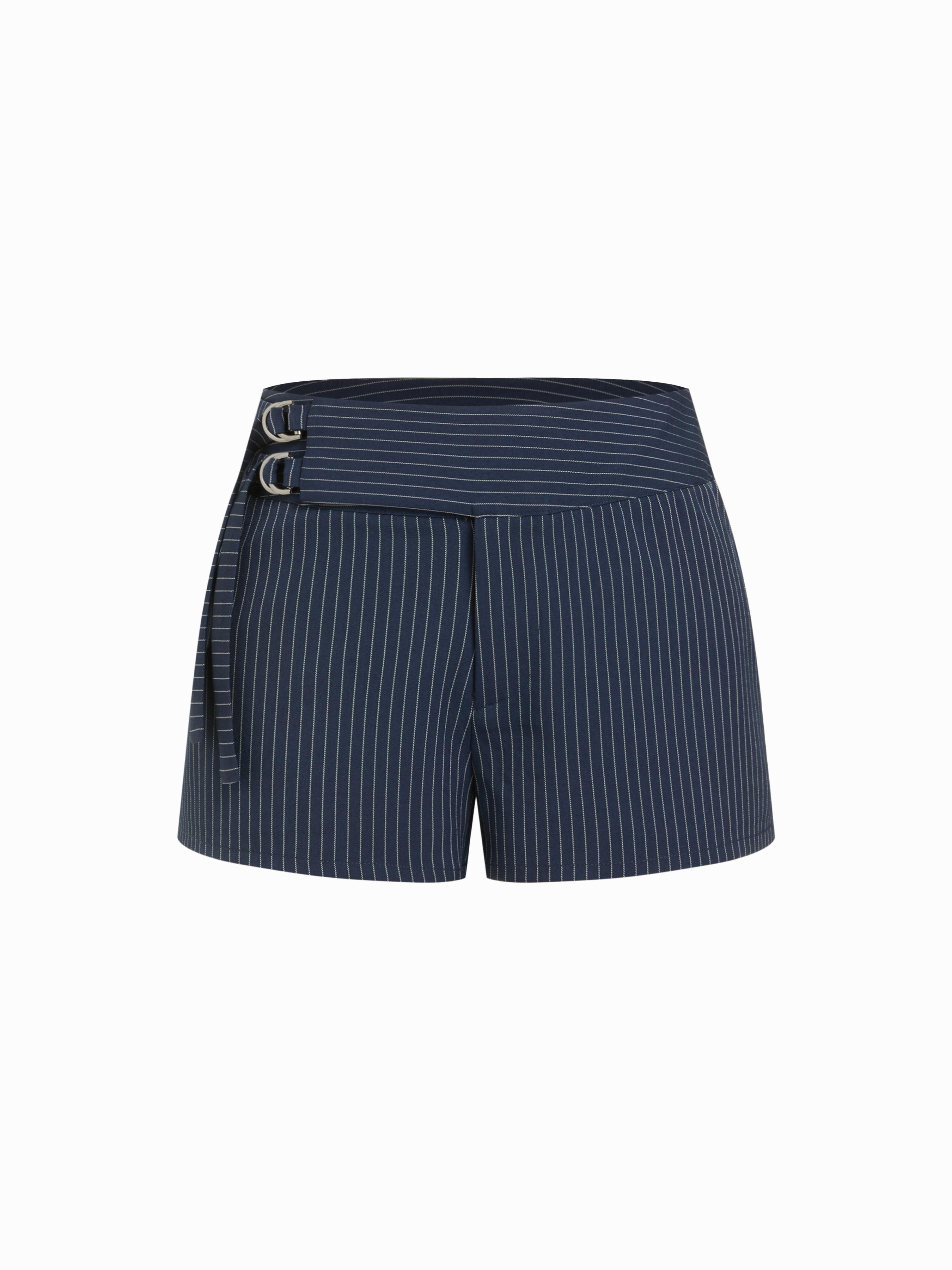 Low Rise Striped Shorts With Metal Detail Belted Waist by CIDER