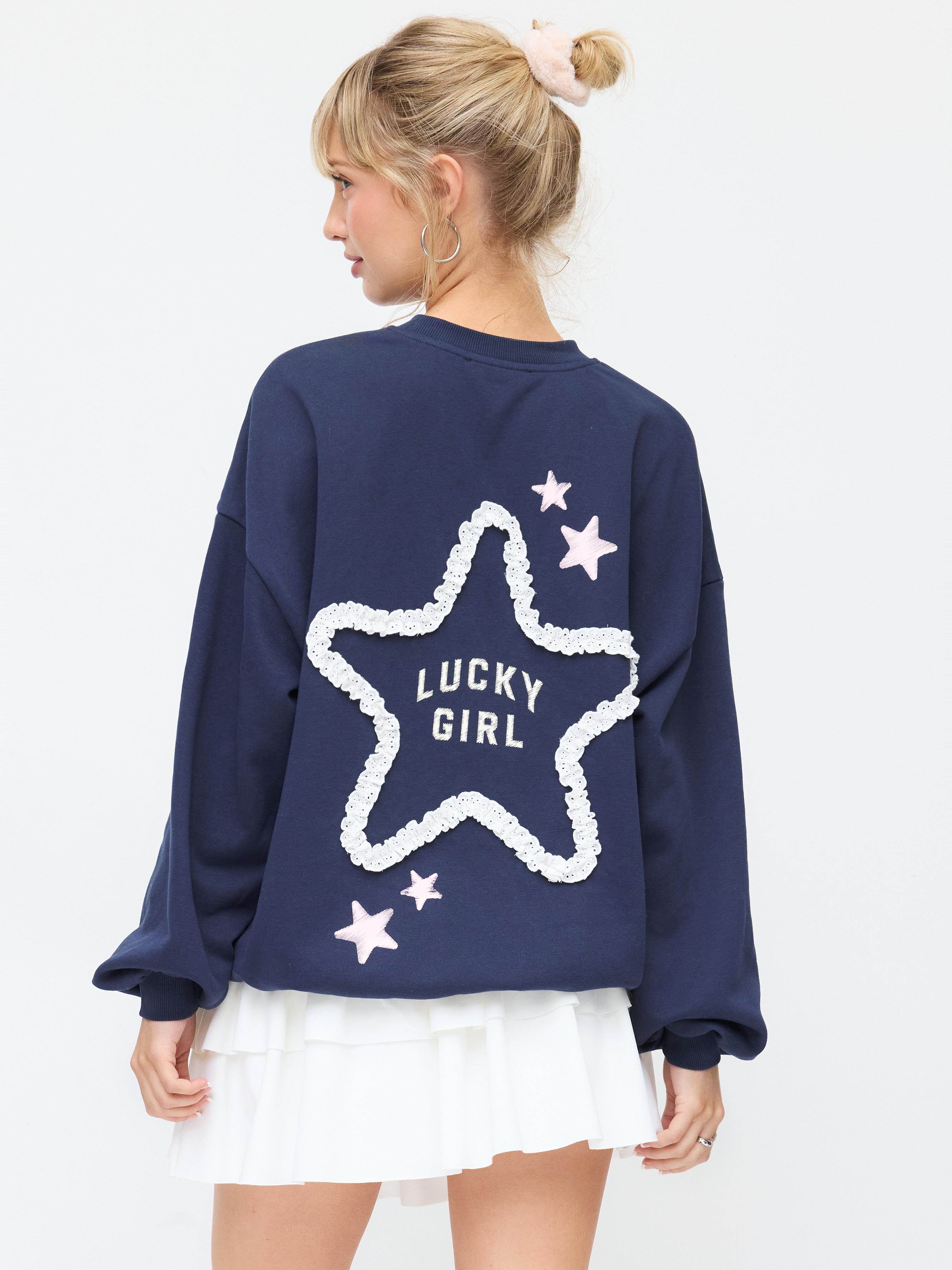 Lucky Girl Cotton-blend Lace Panel Oversized Sweatshirt by CIDER Lucky Girl Cotton-blend Lace Panel Oversized Sweatshirt by CIDER