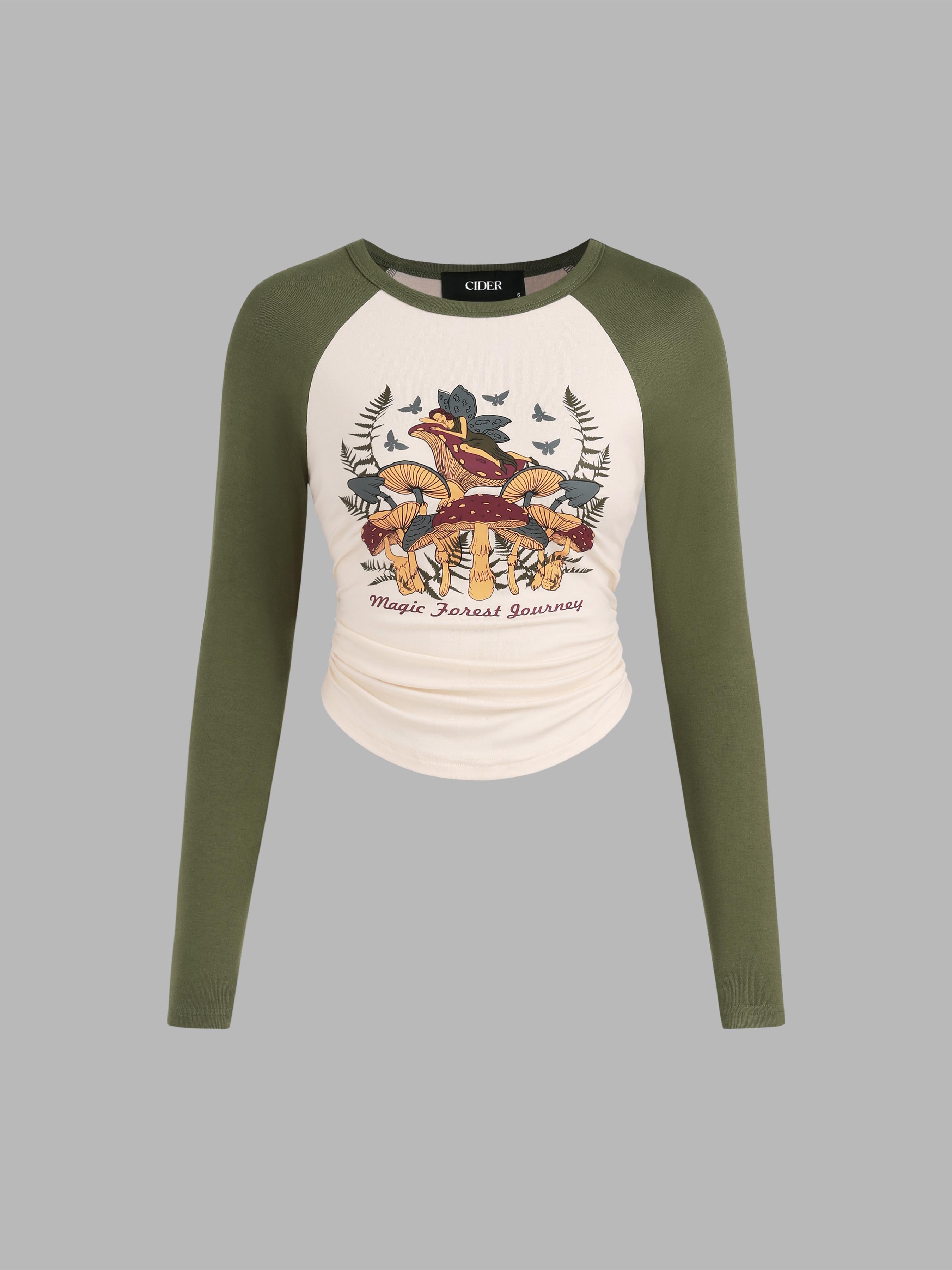 Magic Forest Journey Mushrooms Contrasting Binding Long Sleeve Top by CIDER