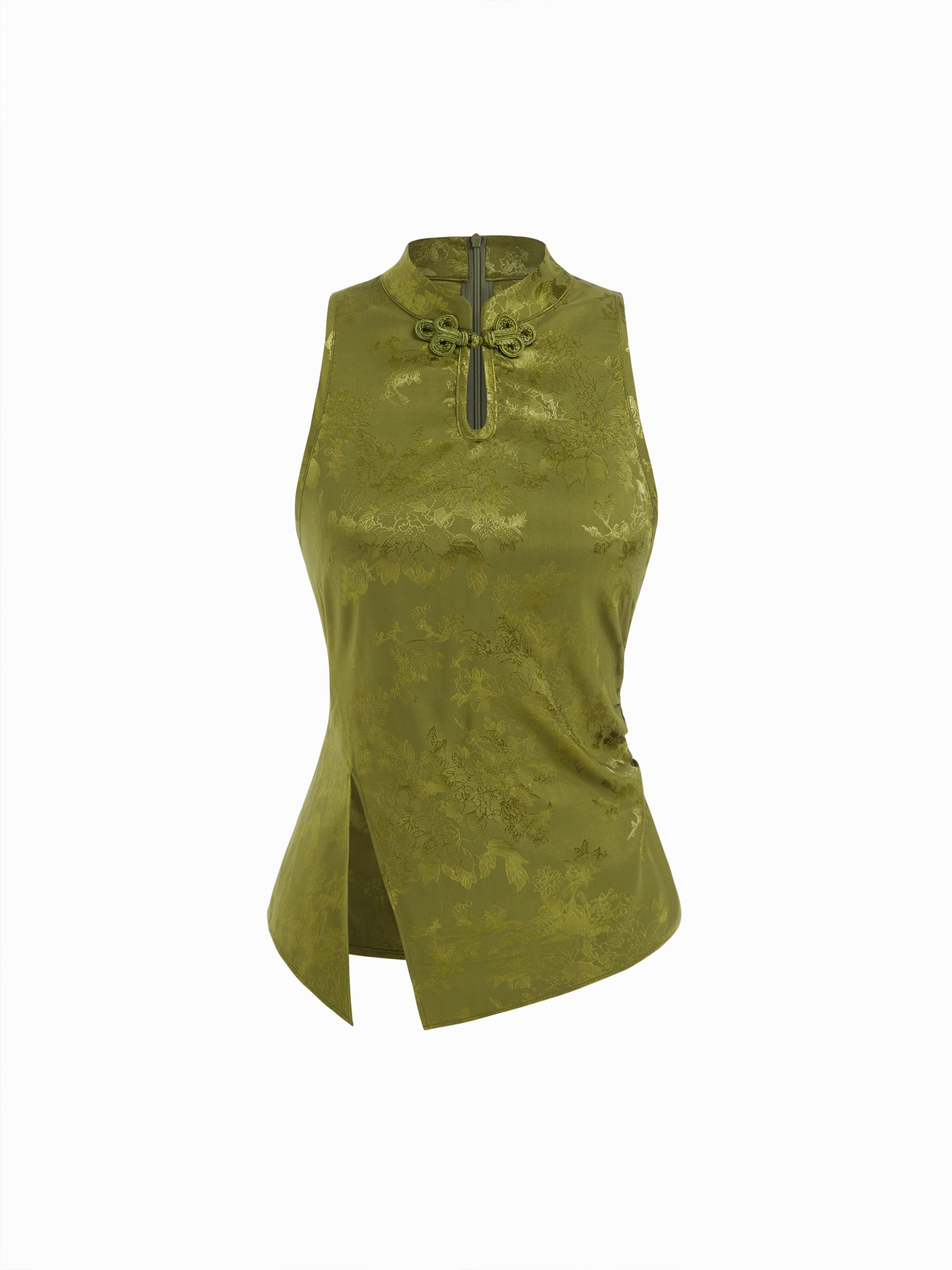 Mandarin Collar Floral Split Ruched Cut Out Tank Top by CIDER