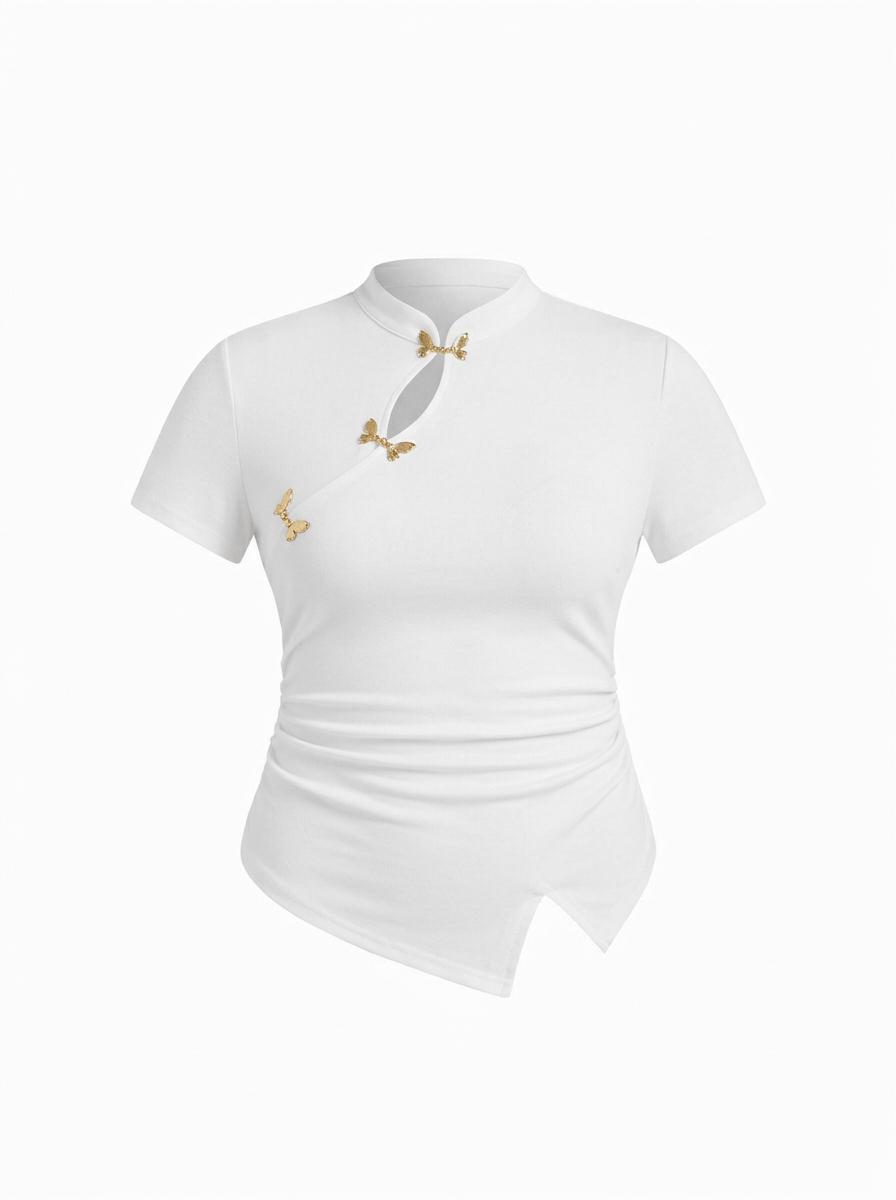 Mandarin Collar Metal Detail Asymmetrical Hem Ruched Split Top Curve & Plus by CIDER