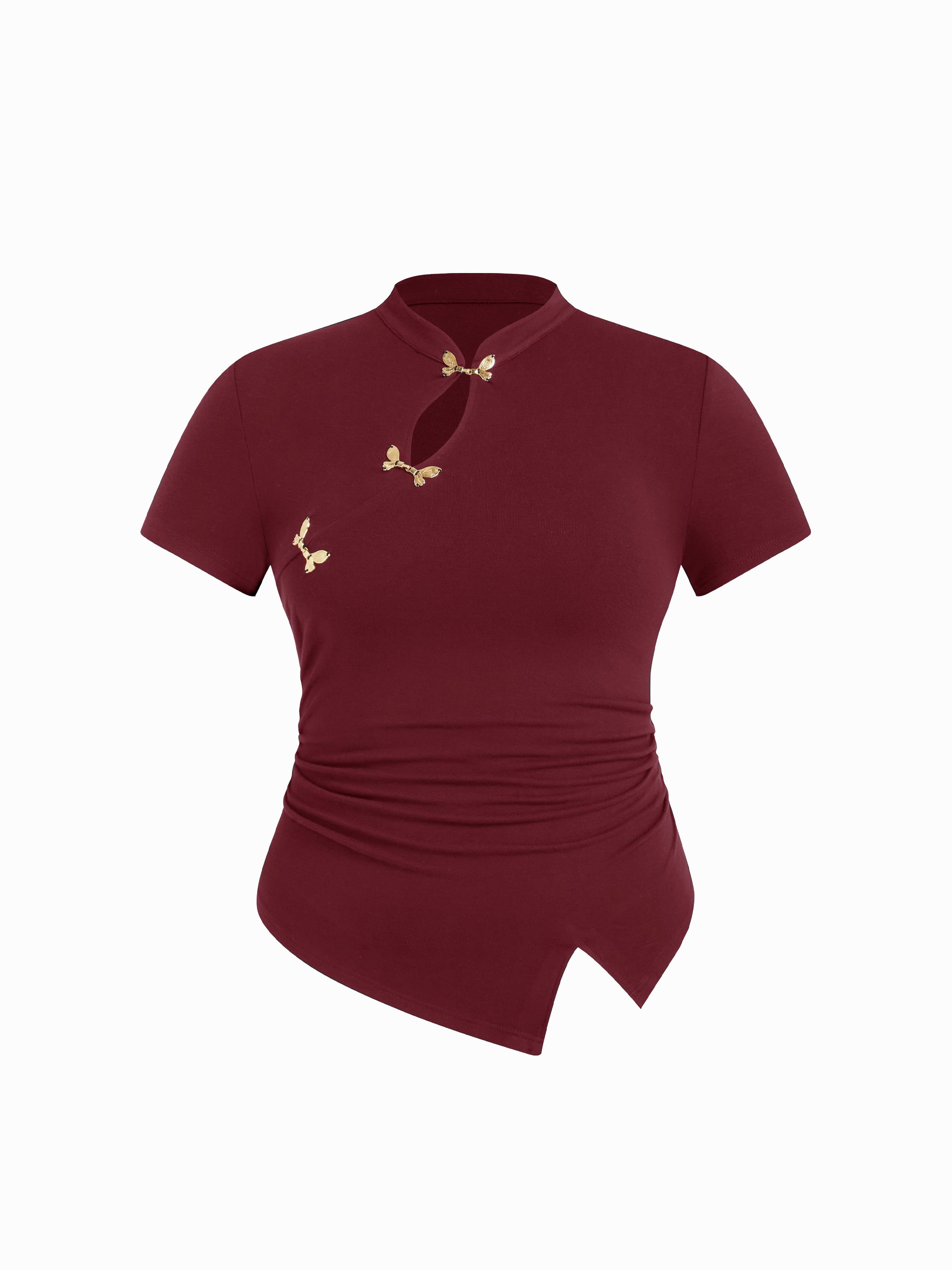 Mandarin Collar Metal Detail Asymmetrical Hem Ruched Split Top Curve & Plus by CIDER