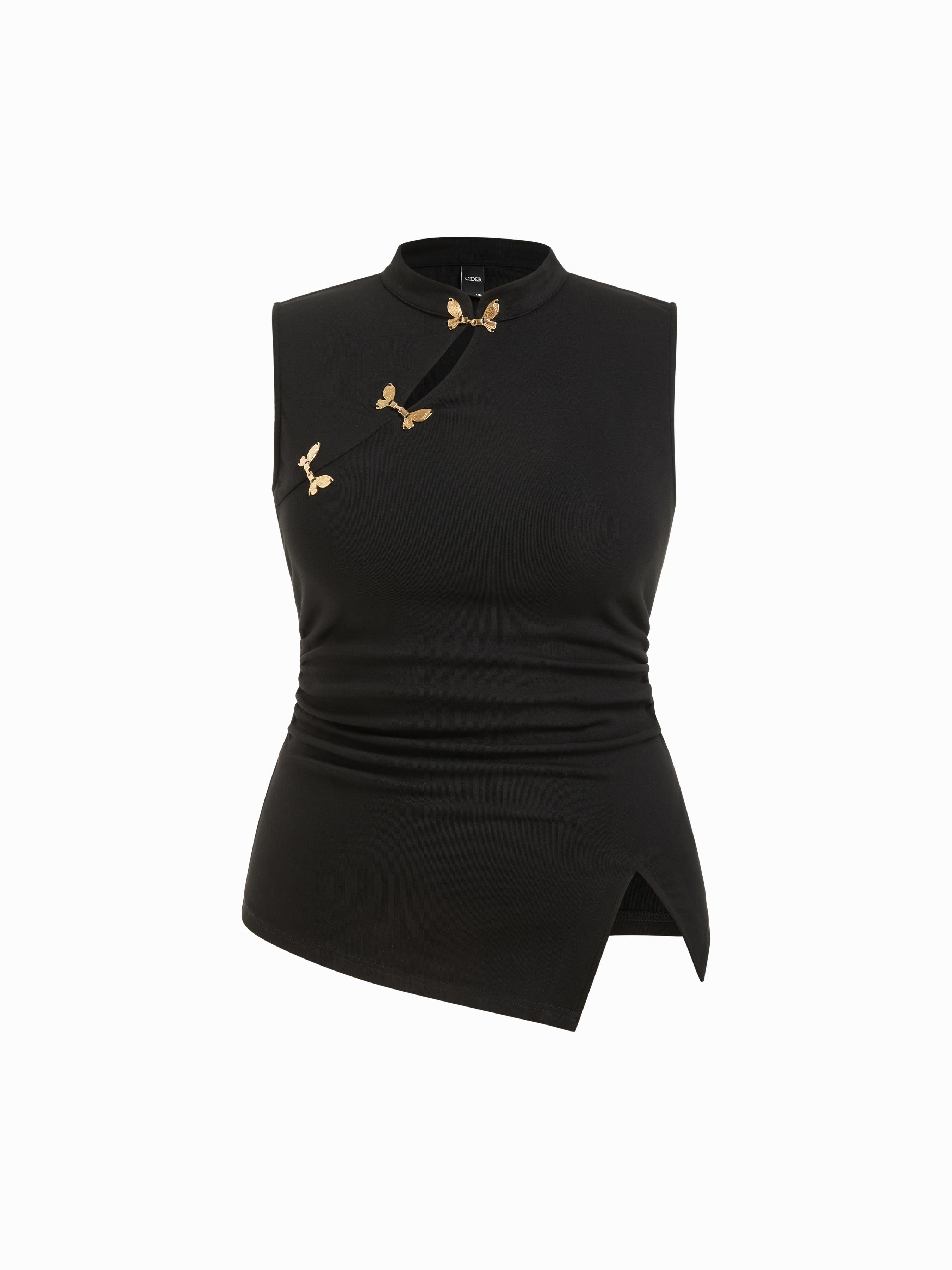 Mandarin Collar Metal Detail Cut Out Ruched Split Top Curve & Plus by CIDER