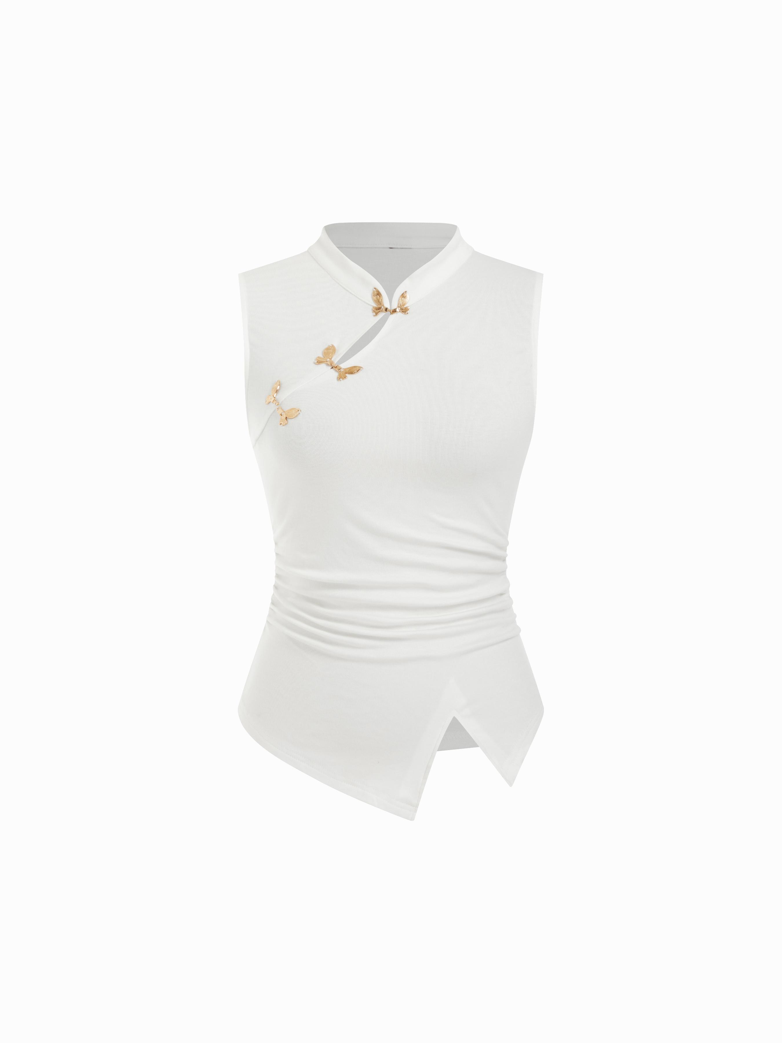 Mandarin Collar Metal Detail Cut Out Ruched Split Top by CIDER