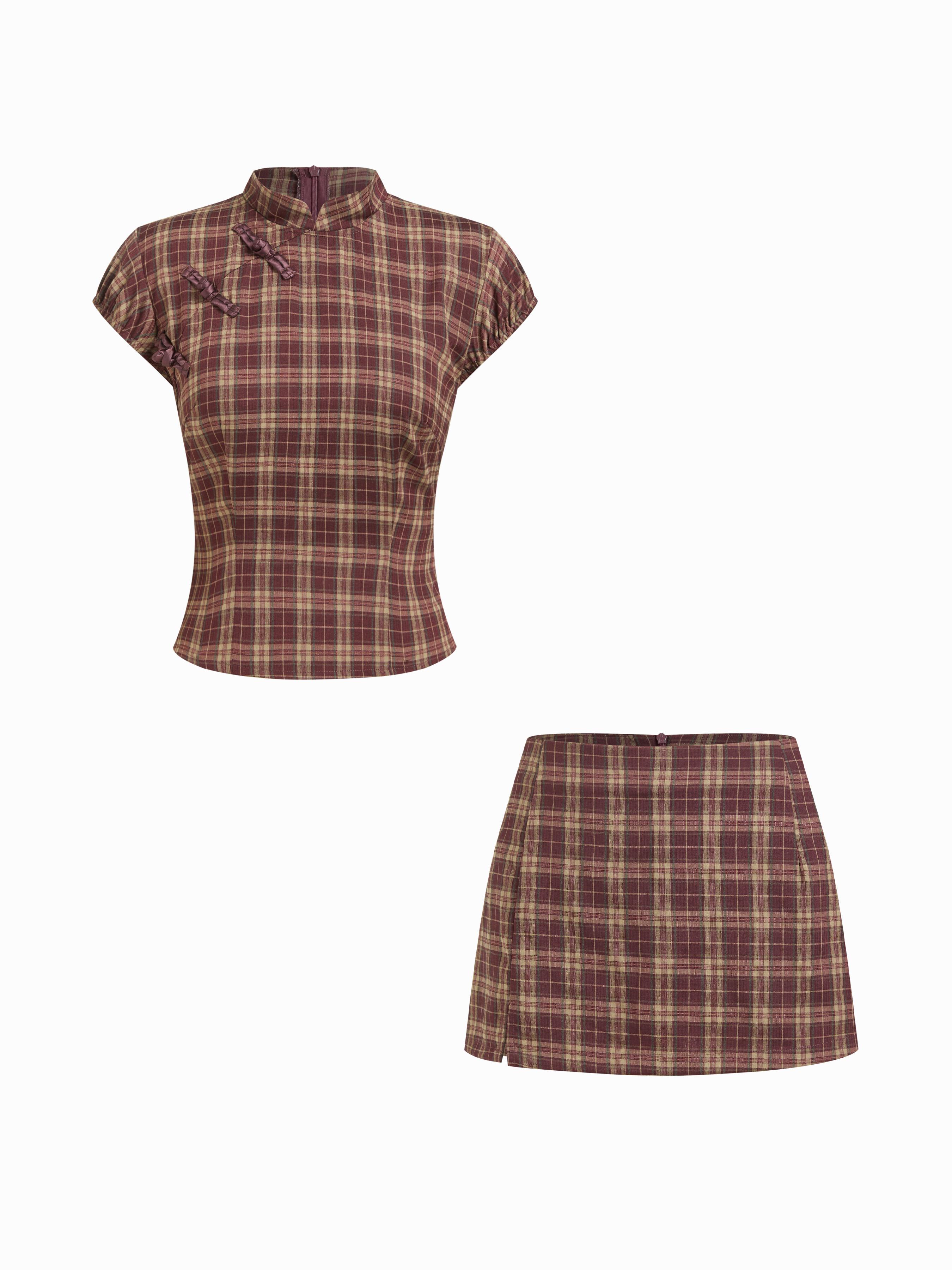 Mandarin Collar Plaid Top & Mid Rise Zipper Mini Skort Set by CIDER