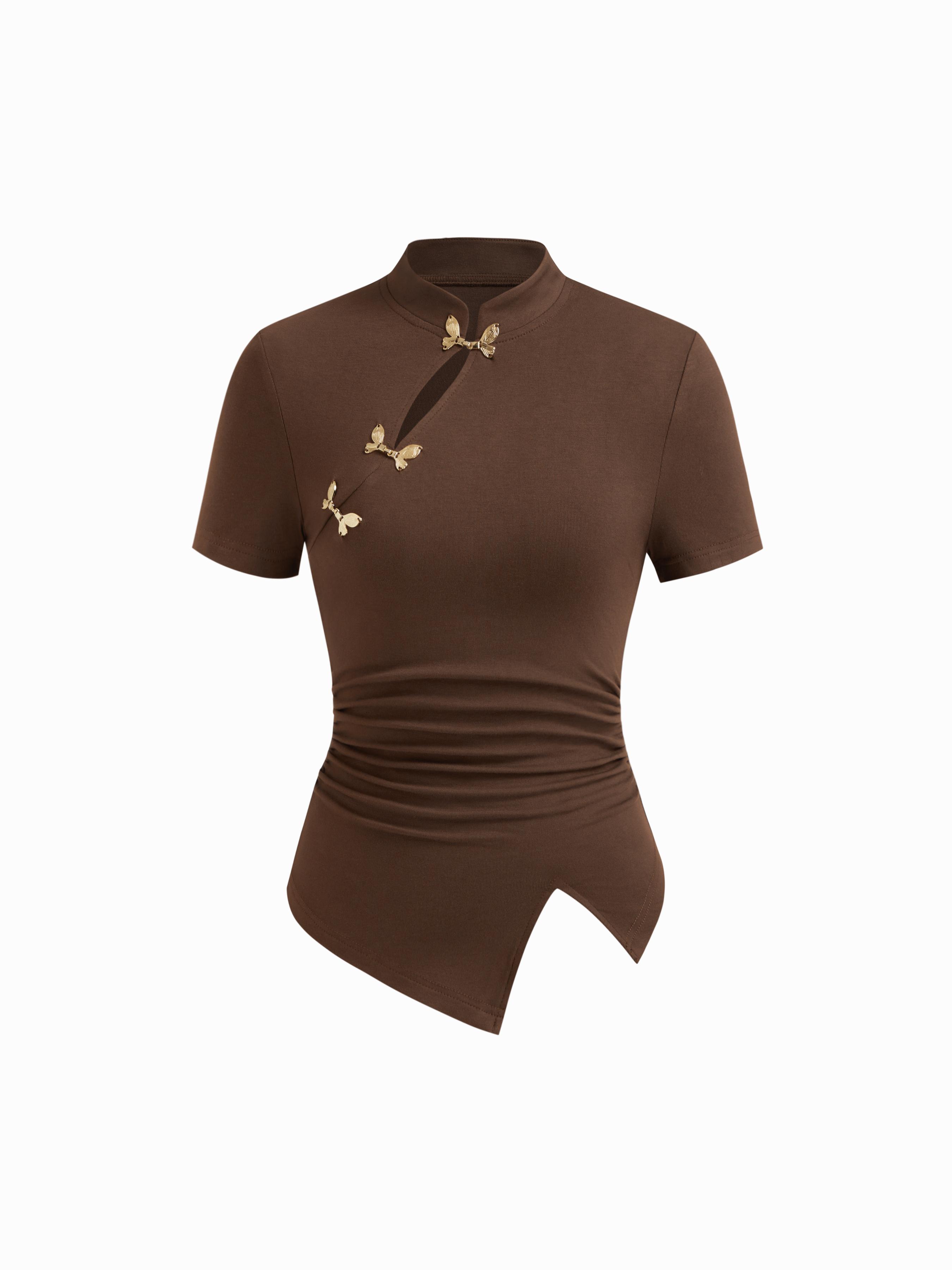 Mandarin Collar Ruched Split Top by CIDER
