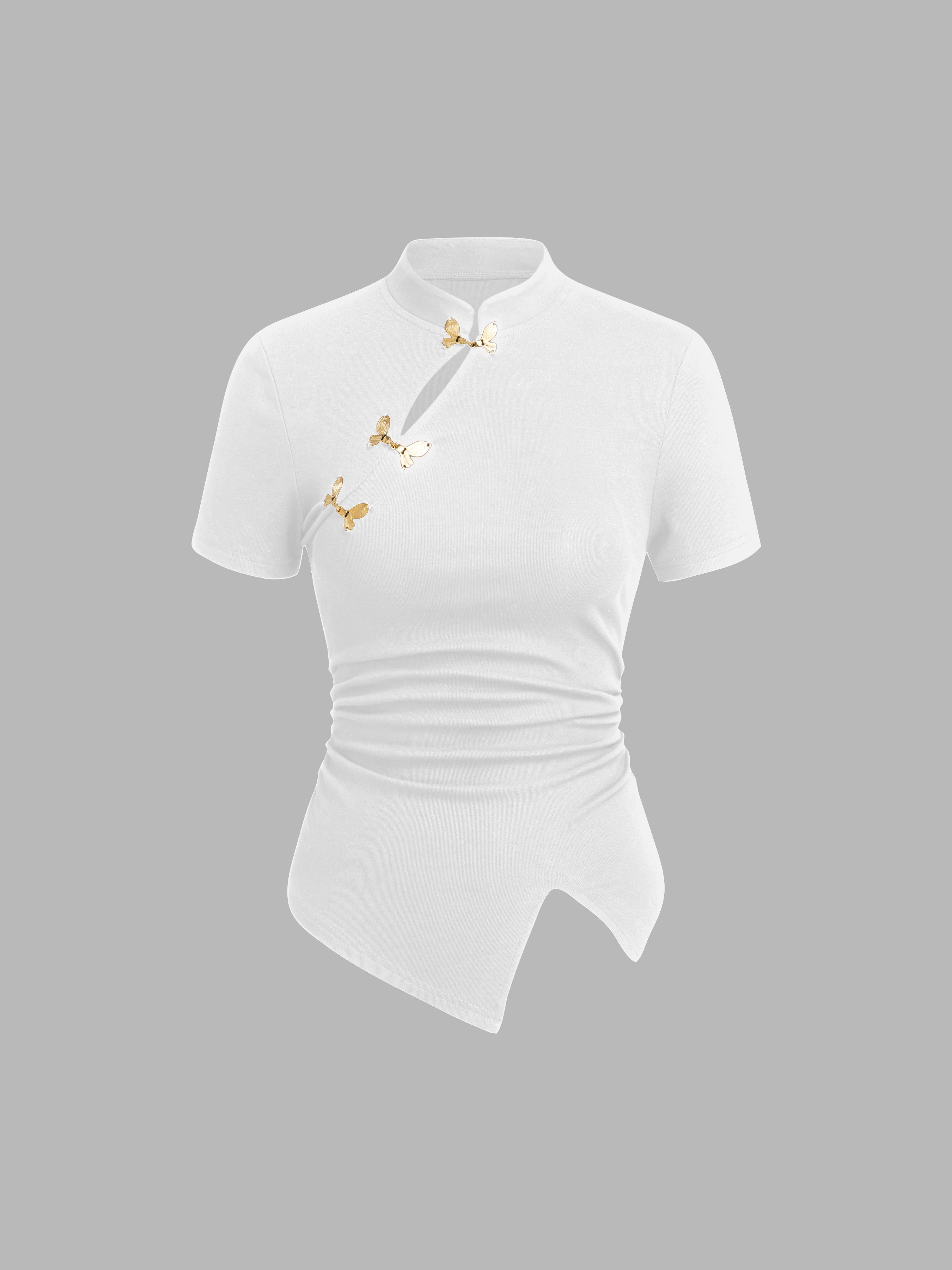 Mandarin Collar Ruched Split Top by CIDER