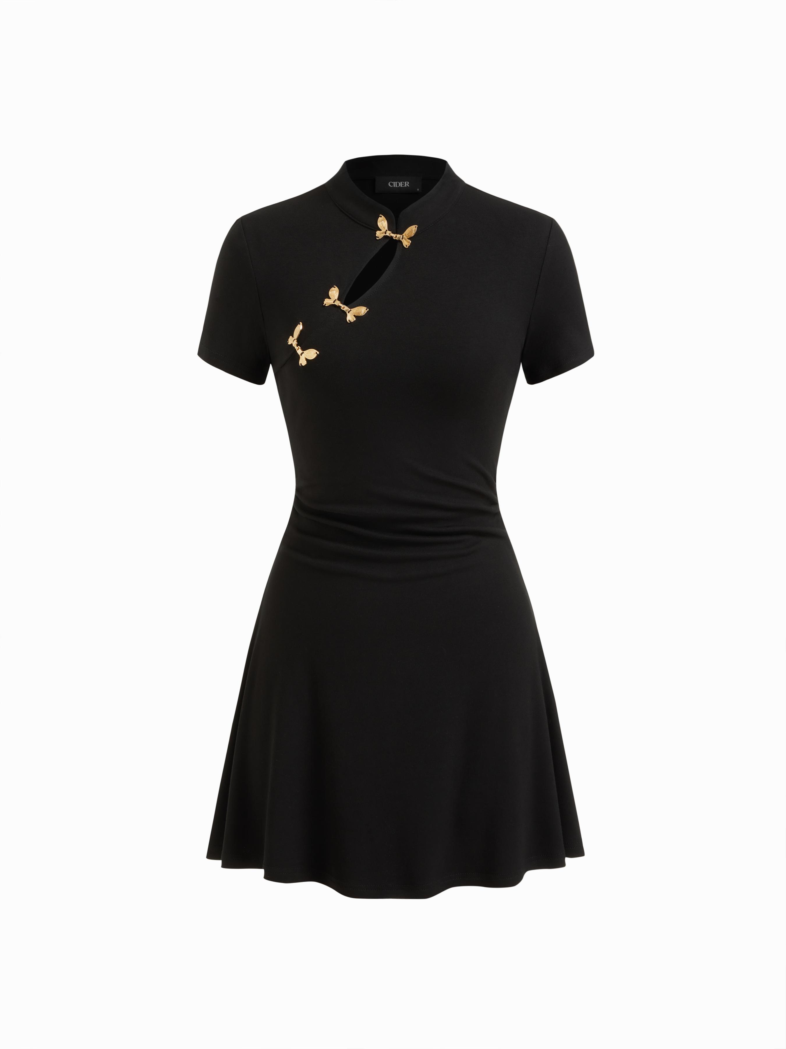 Mandarin Collar Short Sleeve Metal Detail Cut Out Ruched Mini Dress by CIDER