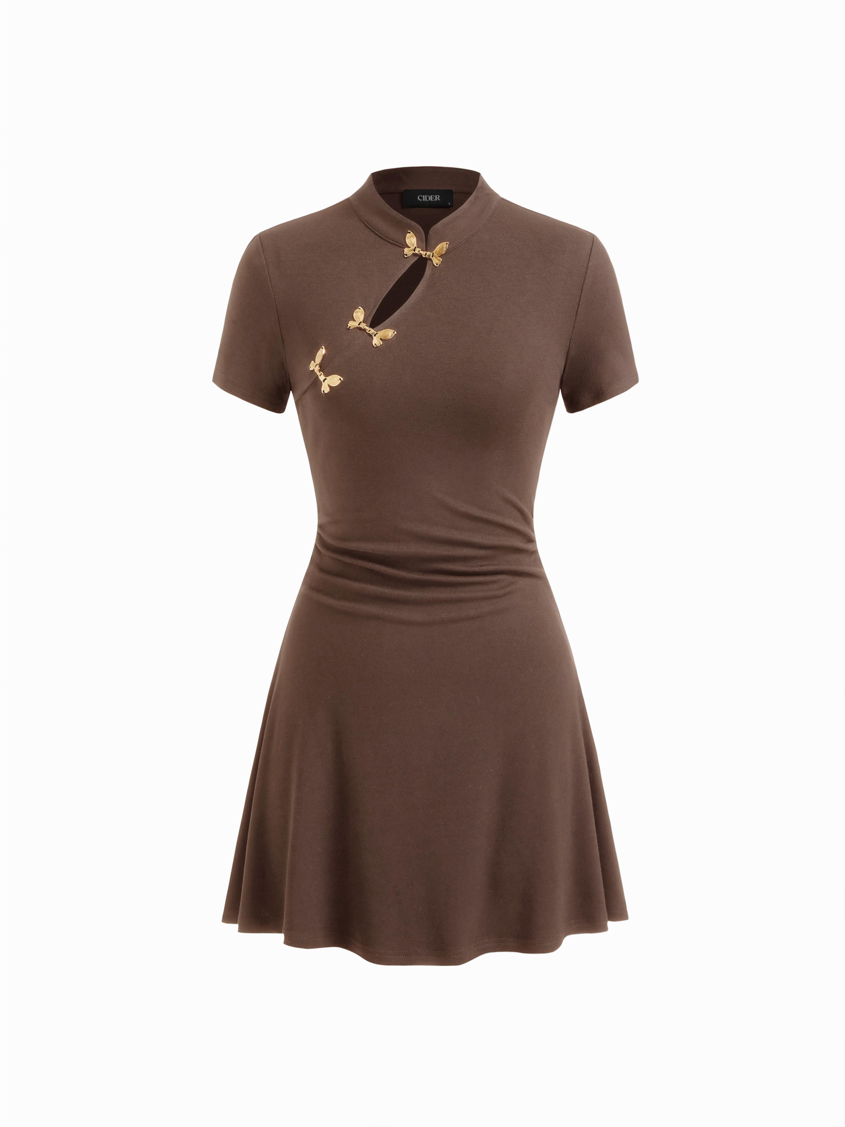 Mandarin Collar Short Sleeve Metal Detail Cut Out Ruched Mini Dress by CIDER