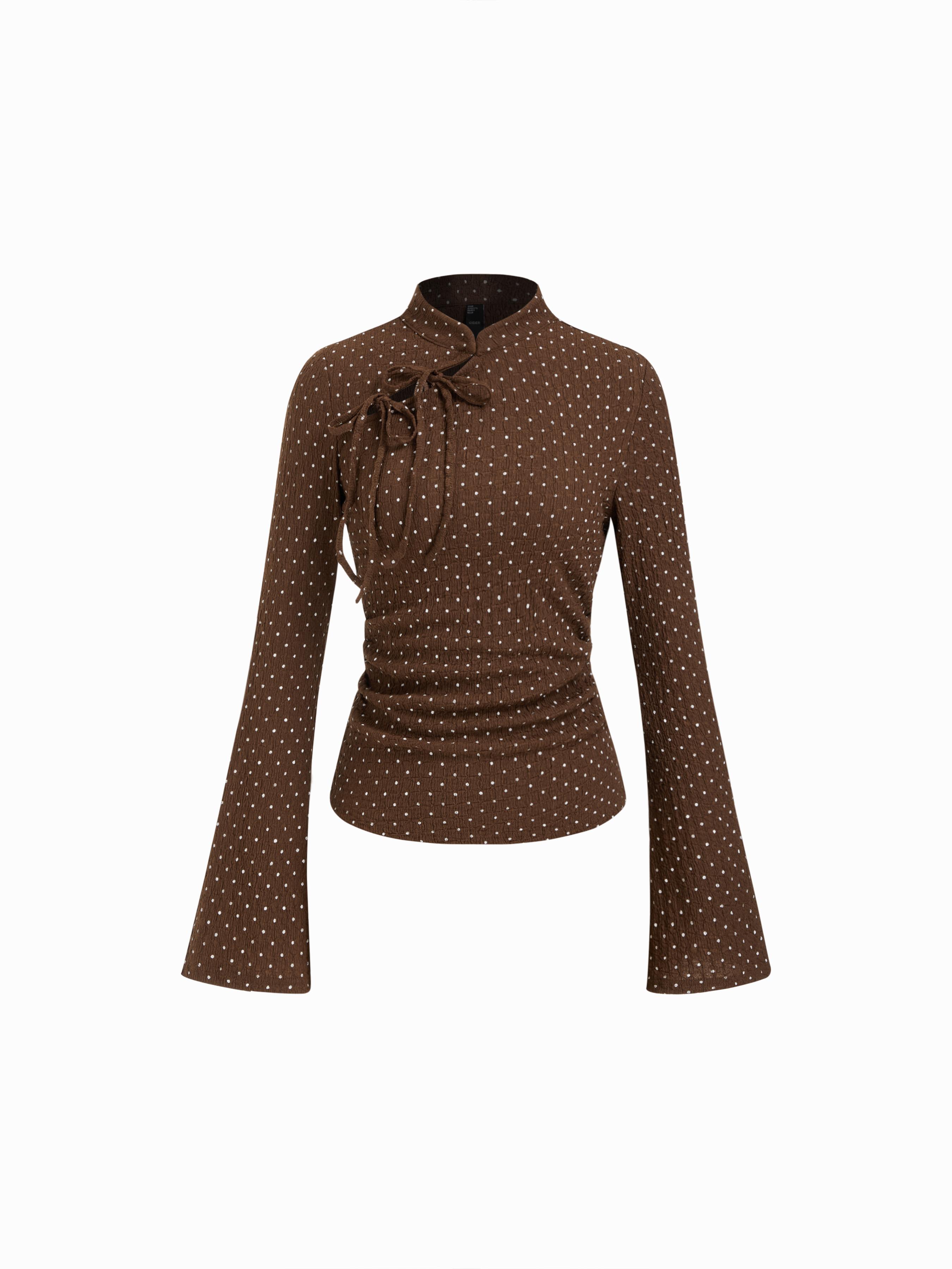 Mandarin Collar Textured Polka Dot Tie Front Ruched Top by CIDER