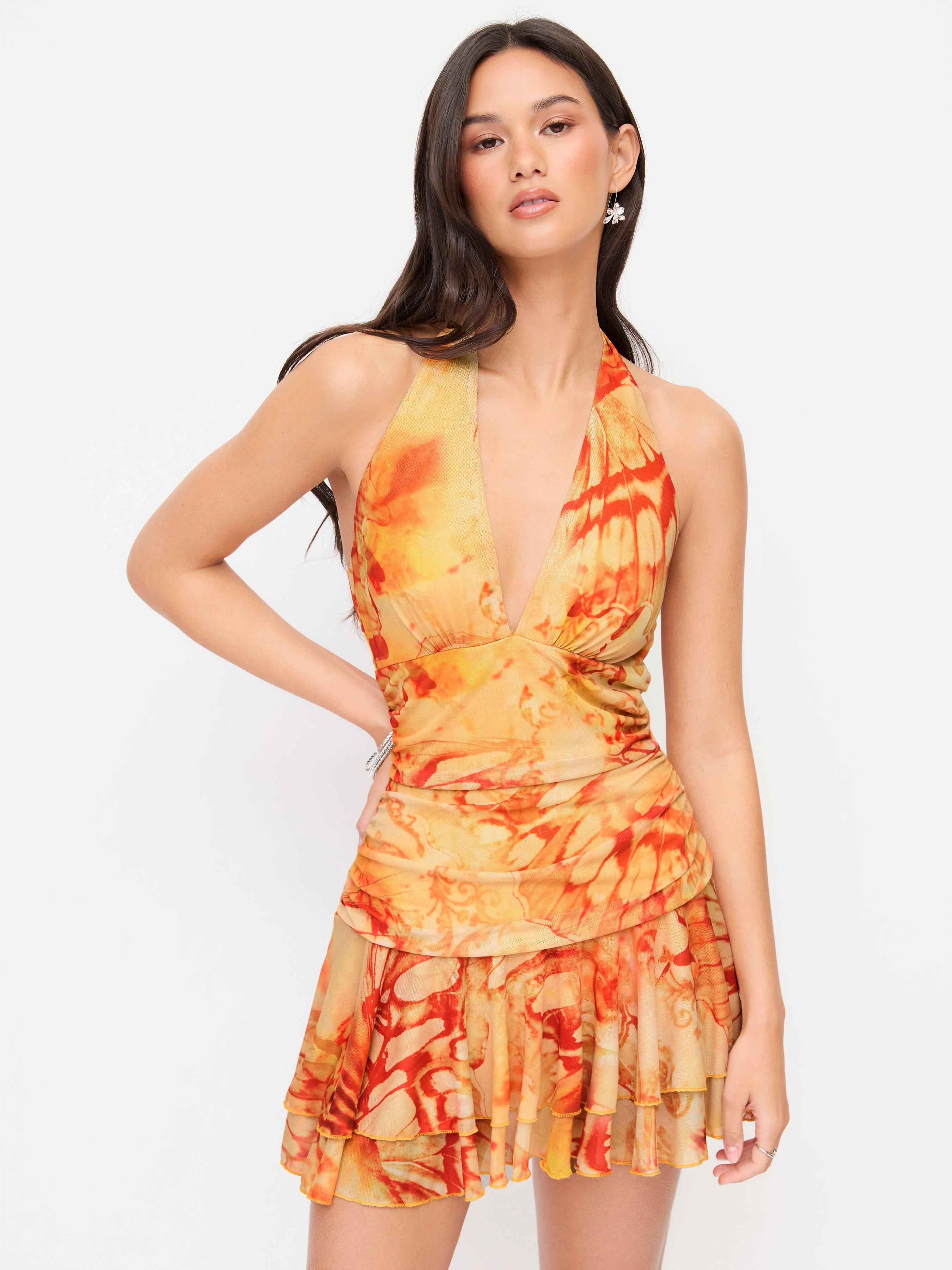 Mesh Abstract Halter Neckline Ruffled Low Rise A-line Mini Dress by CIDER