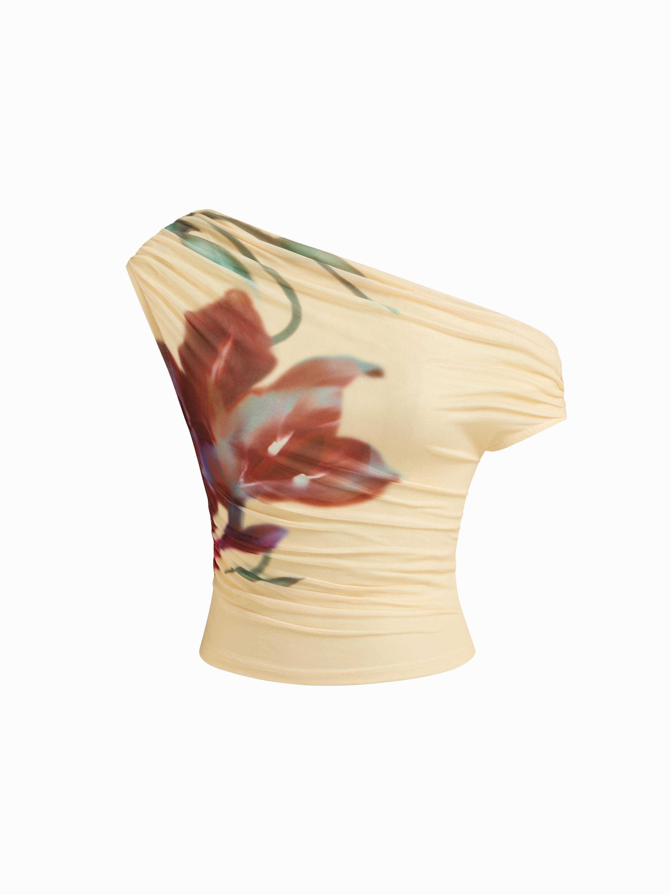 Mesh Asymmetrical Neck Floral Ruched Top by CIDER