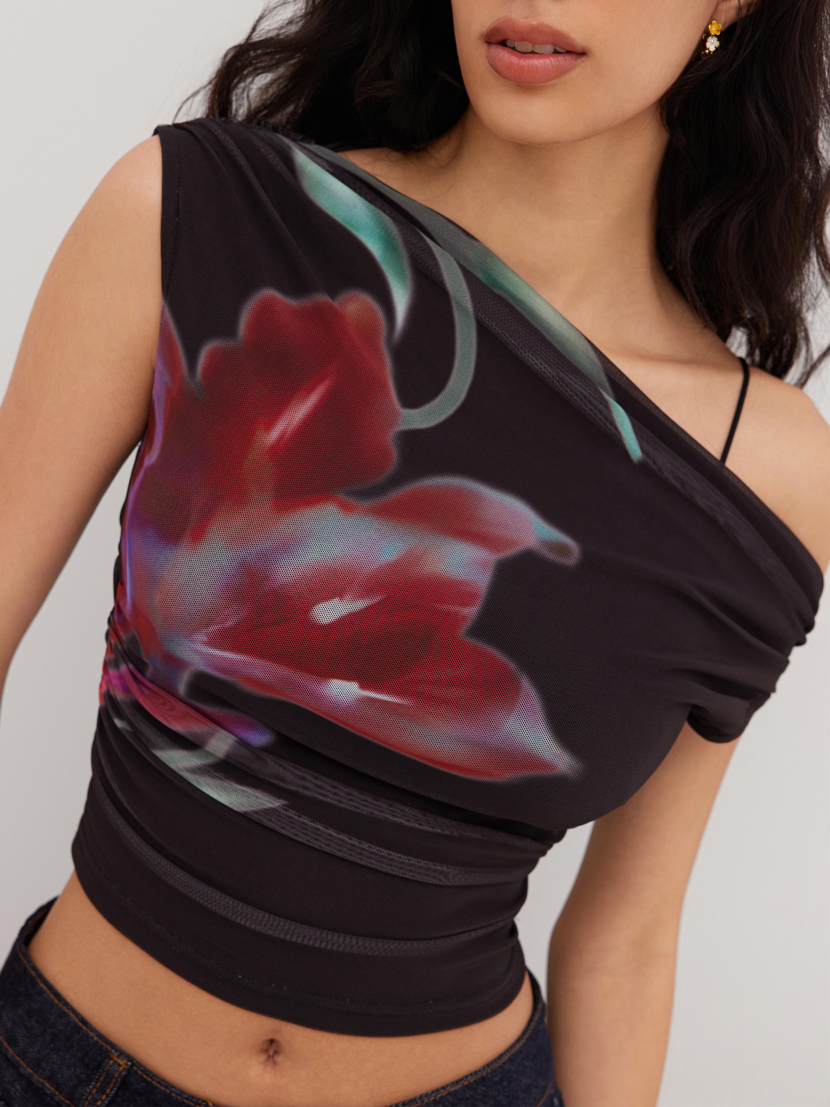 Mesh Asymmetrical Neck Floral Ruched Top by CIDER