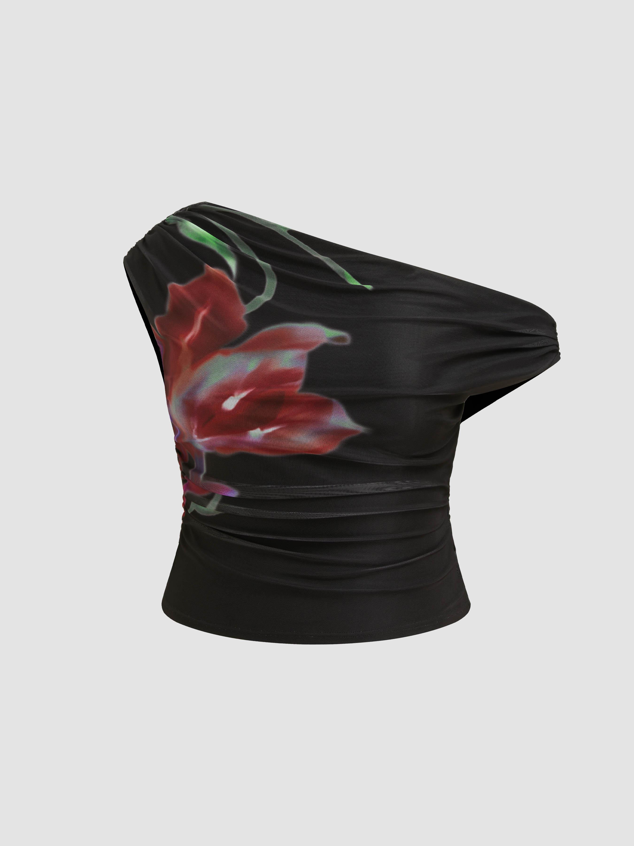 Mesh Asymmetrical Neck Floral Ruched Top by CIDER