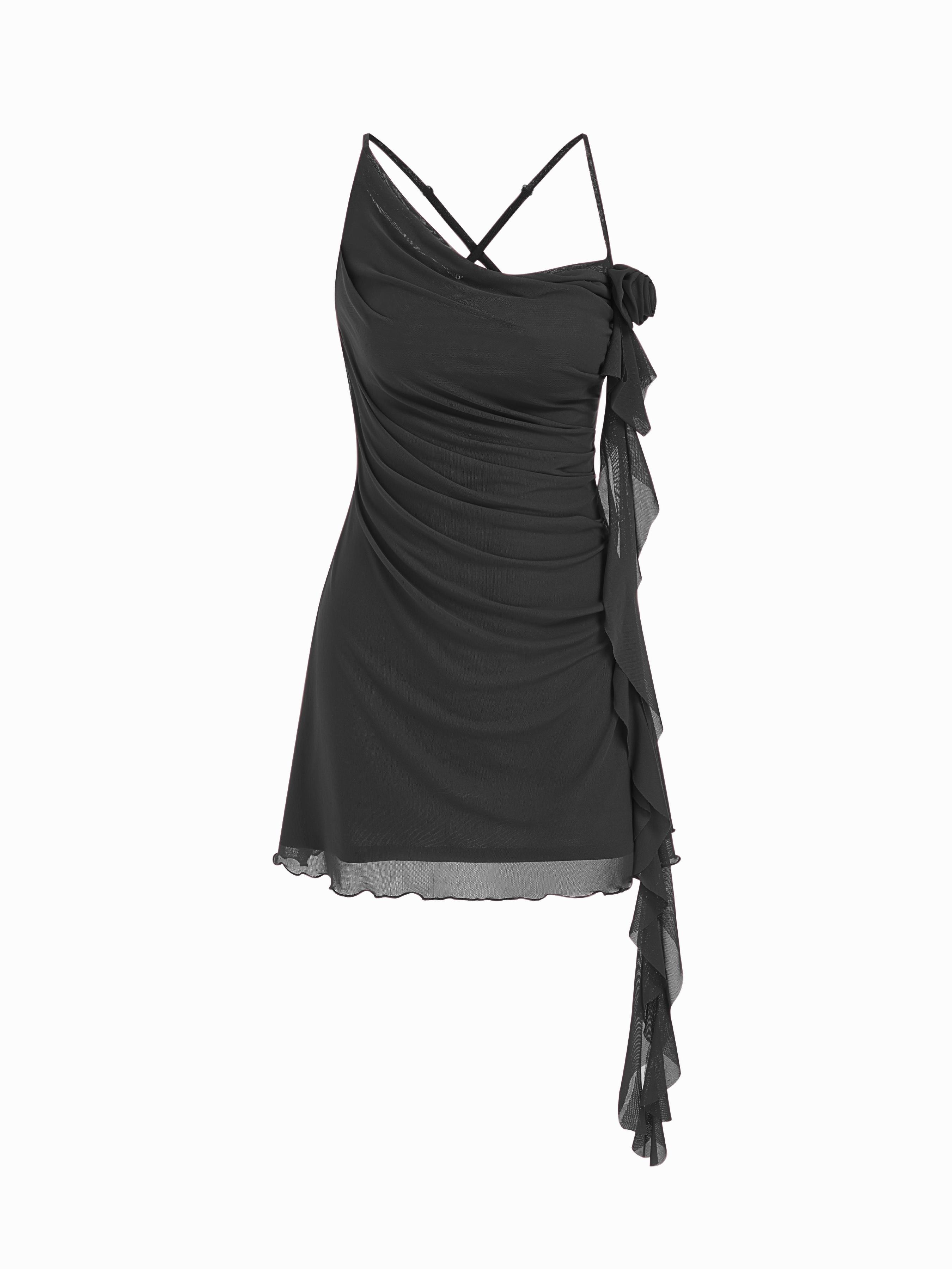 Mesh Asymmetrical Neck Ruched Floral Applique Mini Dress by CIDER
