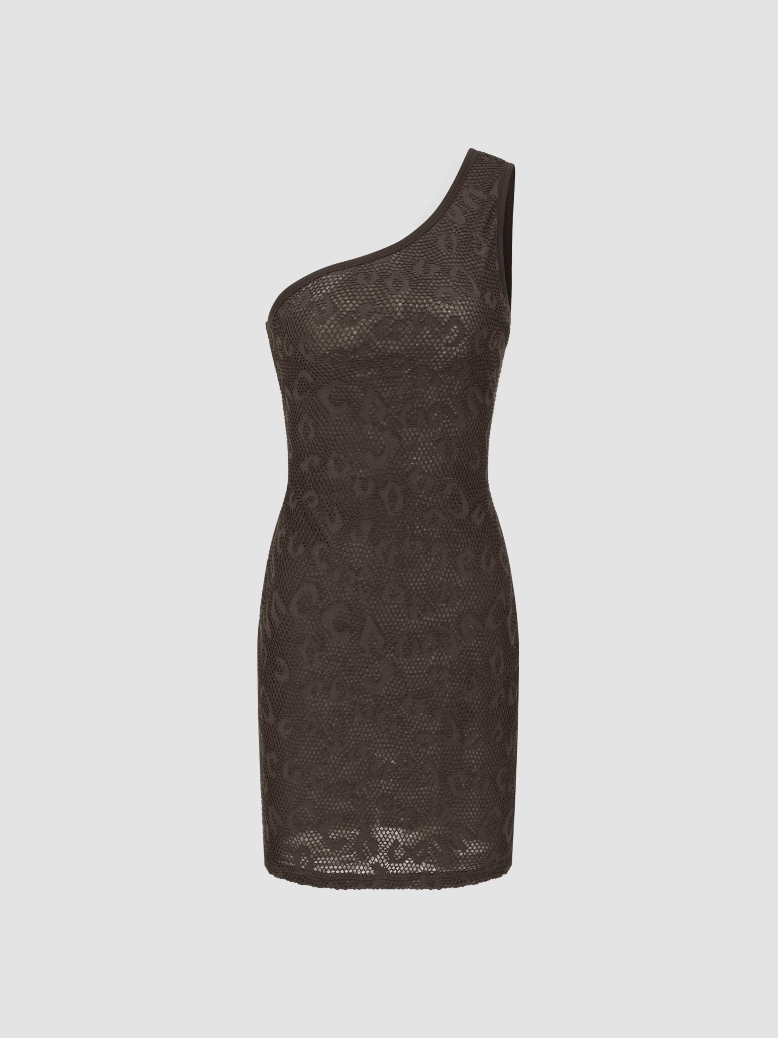 Mesh Asymmetrical Neck Solid Mini Dress by CIDER