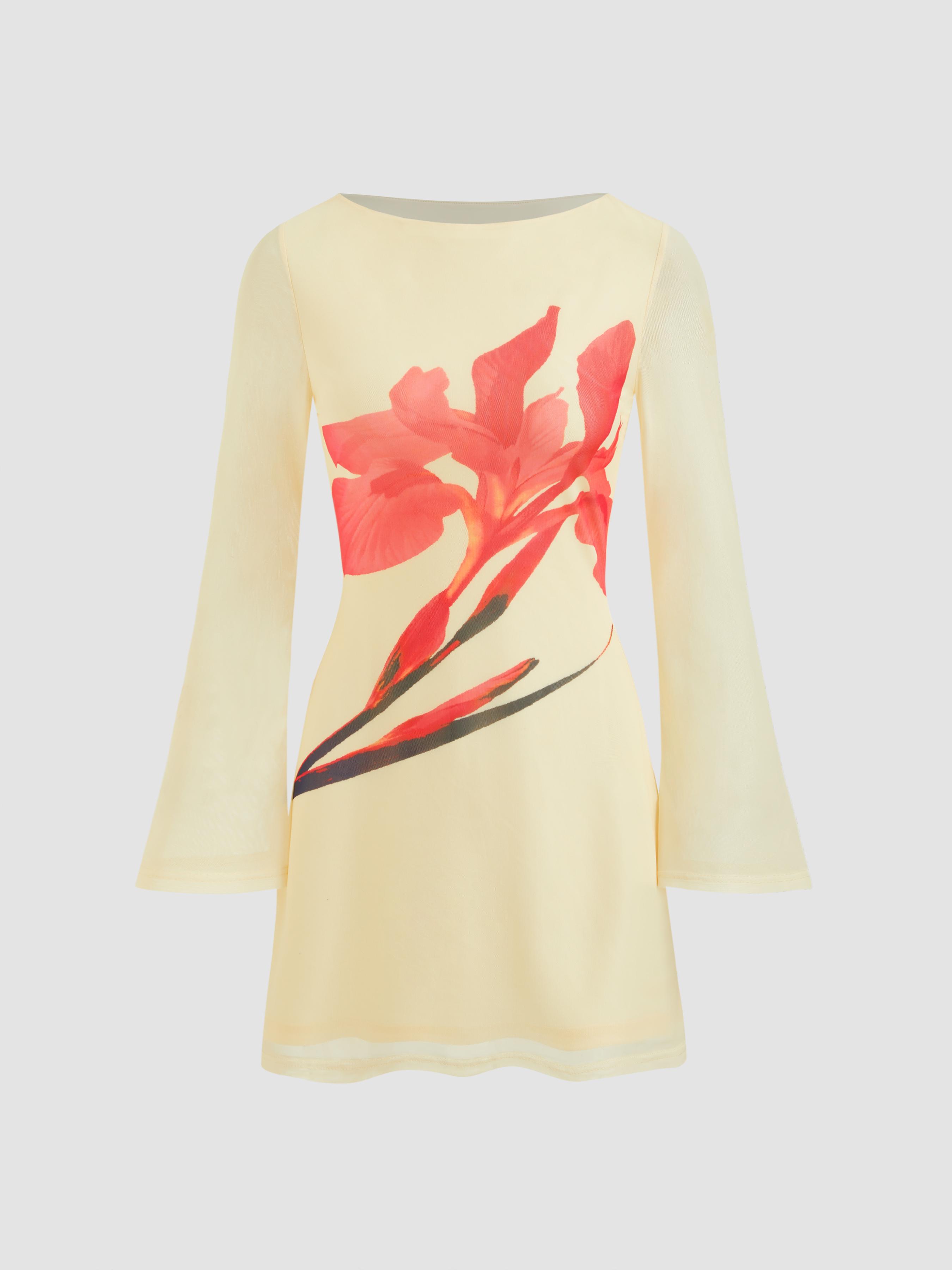 Mesh Boat Neck Floral Mini Dress by CIDER