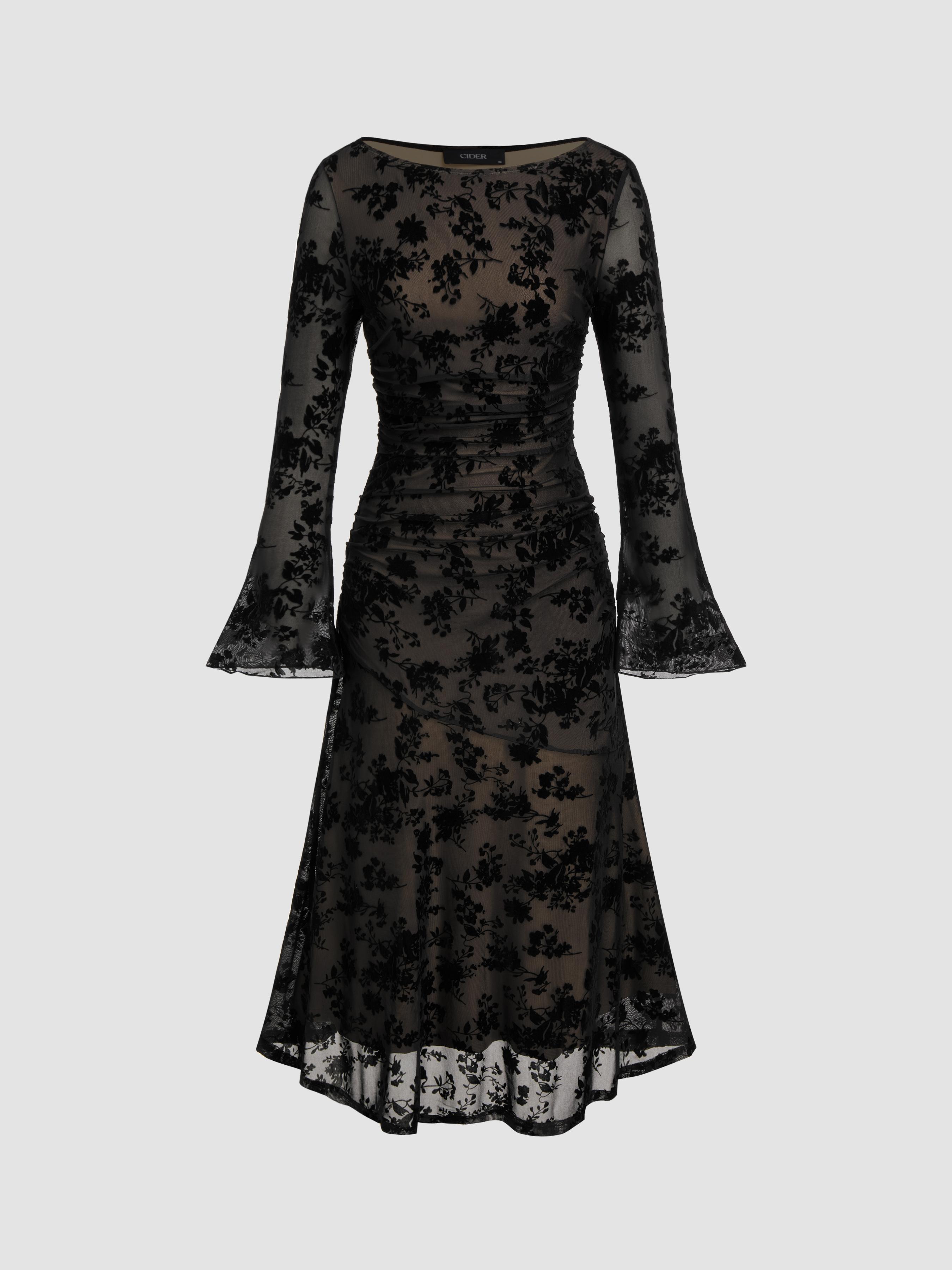 Mesh Boat Neck Floral Ruched Long Sleeve Maxi Dress by CIDER
