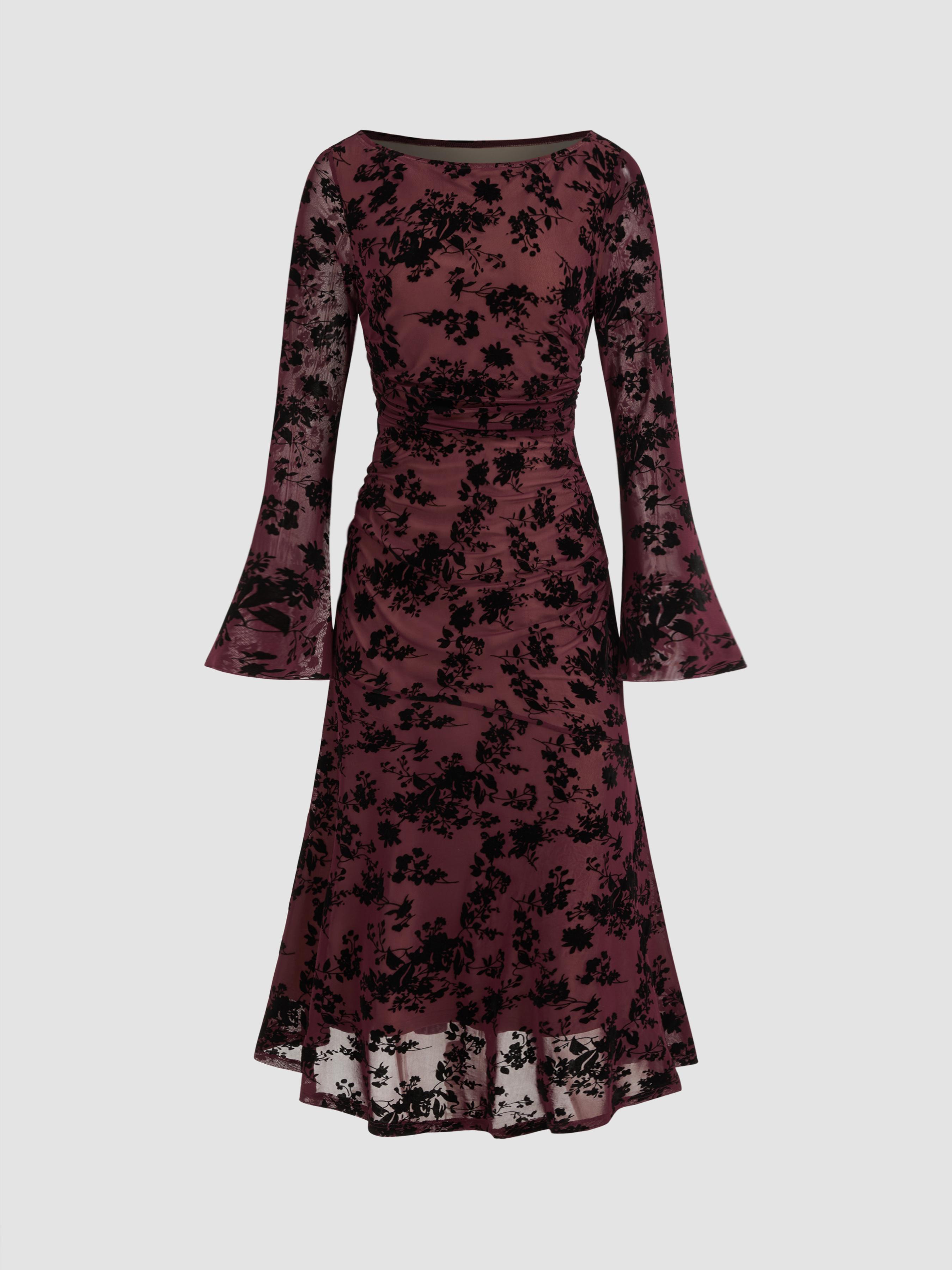 Mesh Boat Neck Floral Ruched Long Sleeve Maxi Dress by CIDER
