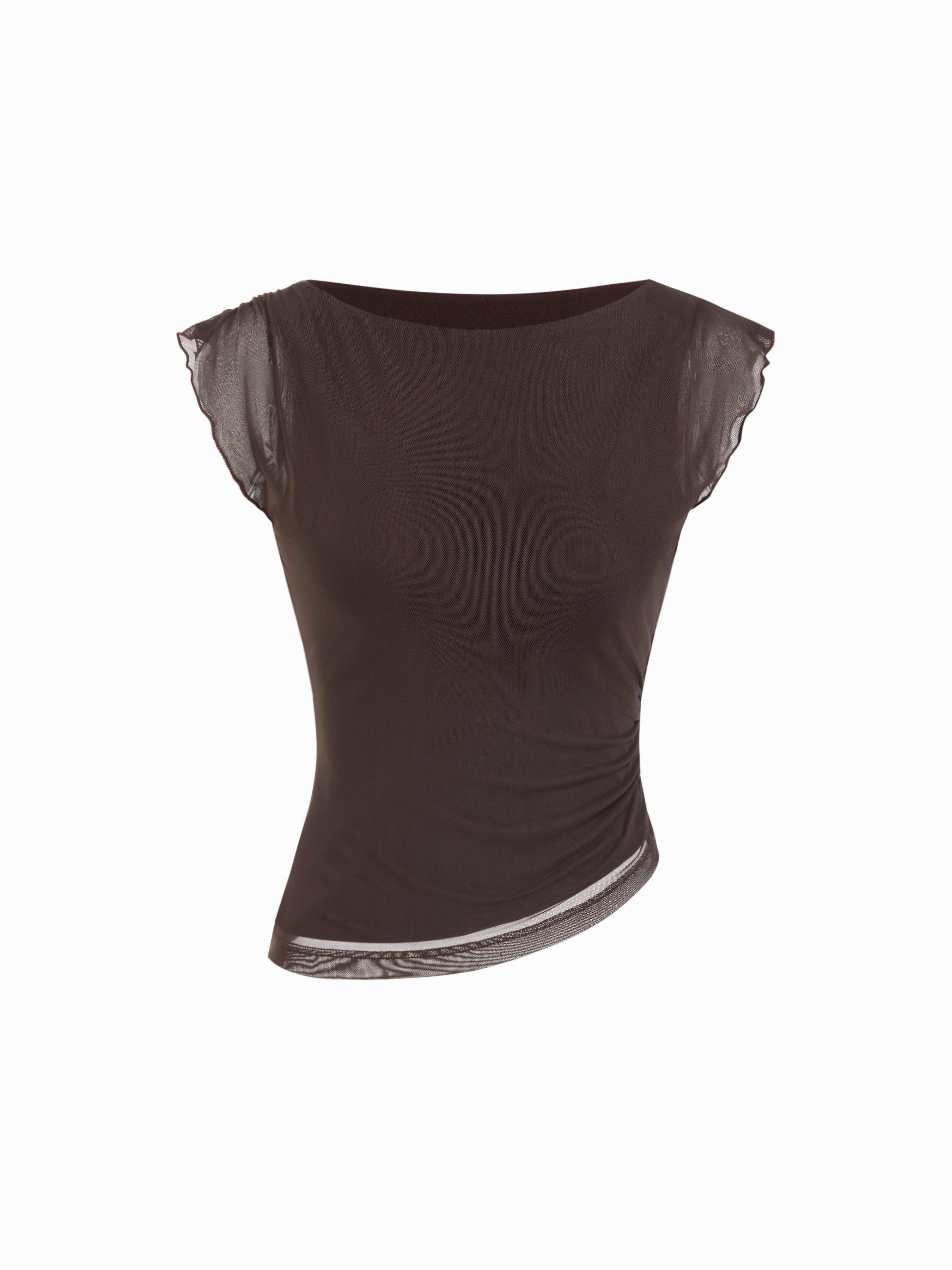 Mesh Boat Neck Lettuce Trim Ruched Top by CIDER