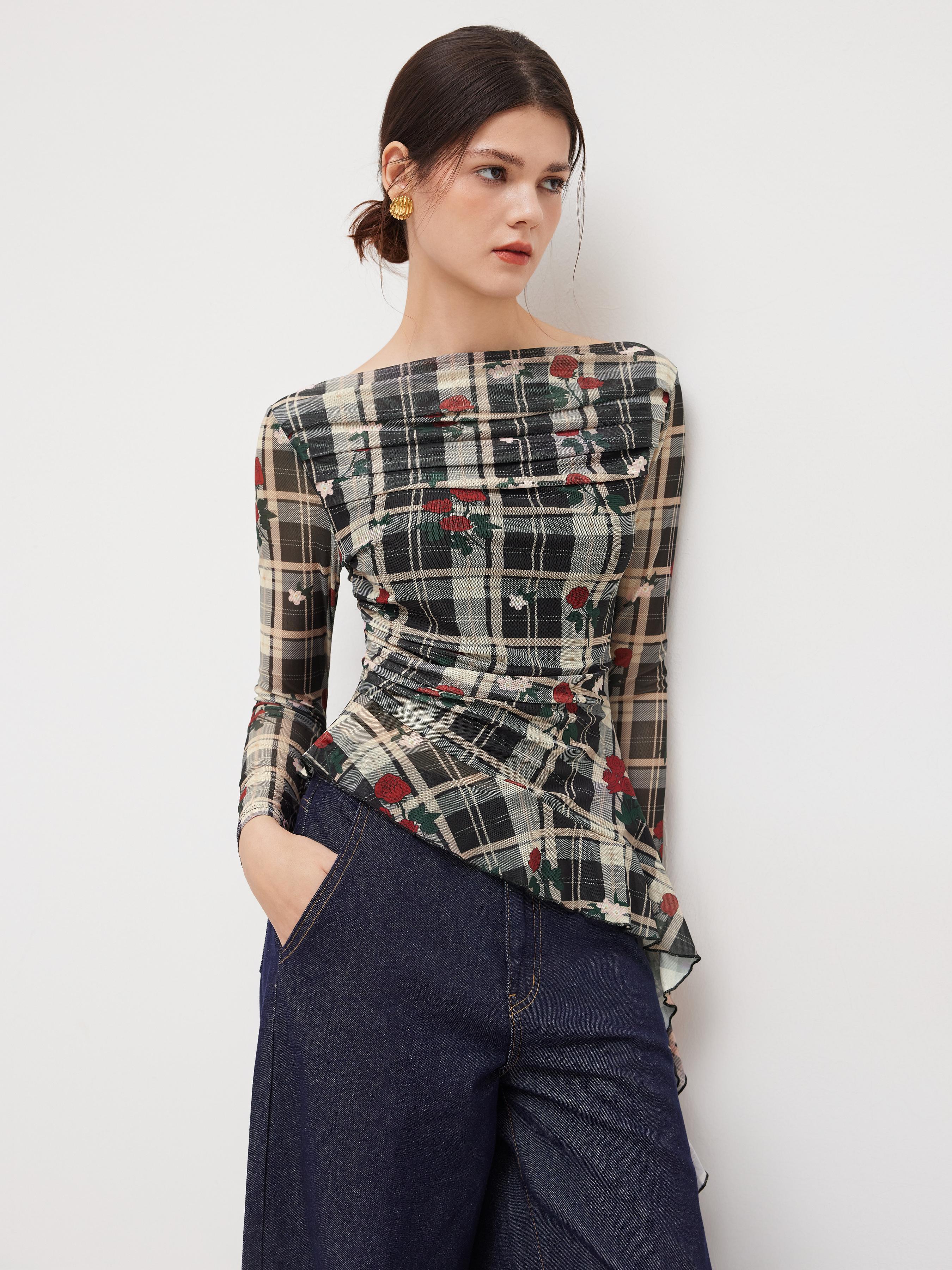 Mesh Boat Neck Rose Plaid Ruffle Hem Top by CIDER