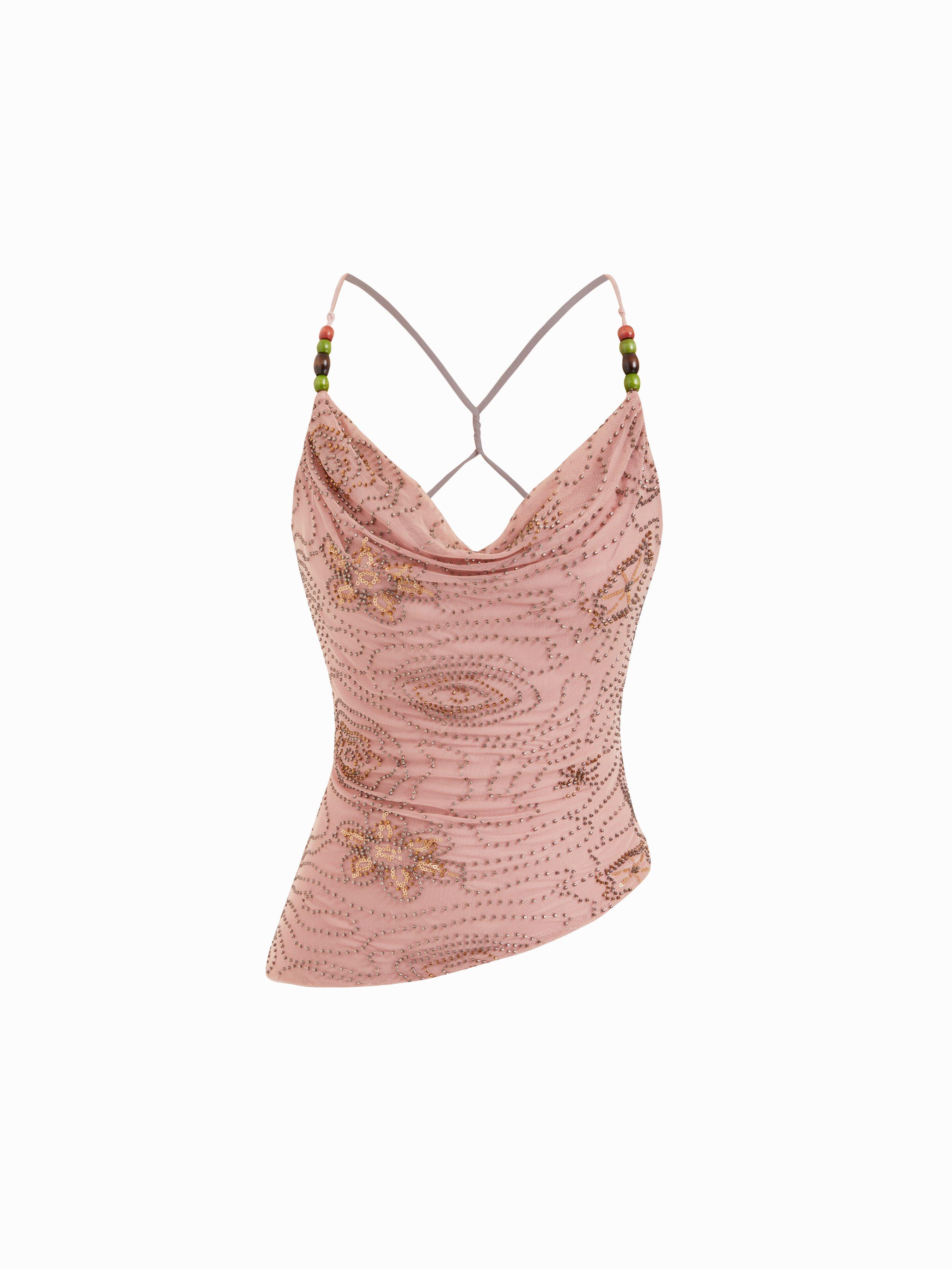 Mesh Cowl Neck Floral Beading Sequin Cami Top by CIDER