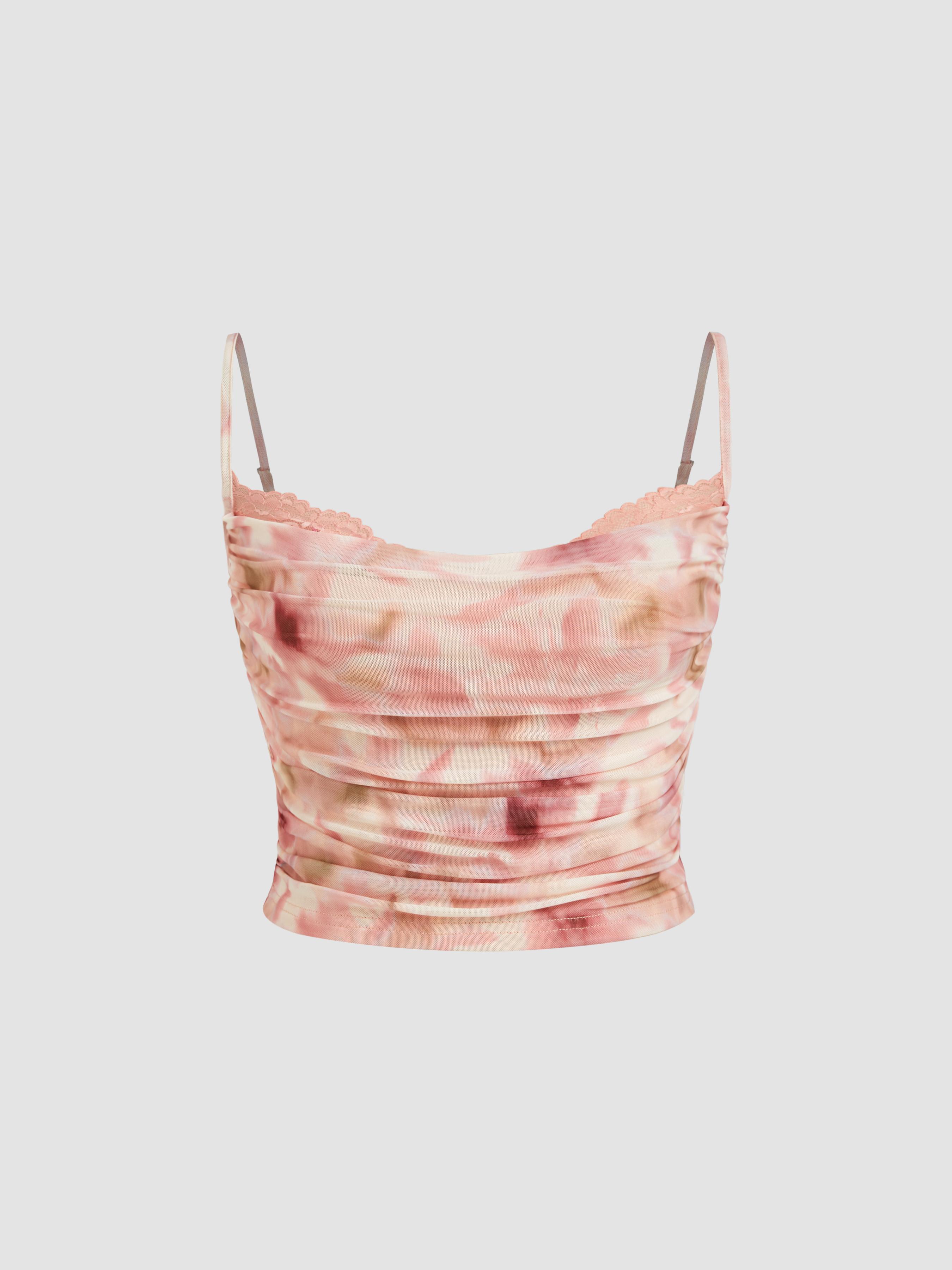 Mesh Cowl Neck Floral Ruched Lace Trim Crop Cami Top by CIDER