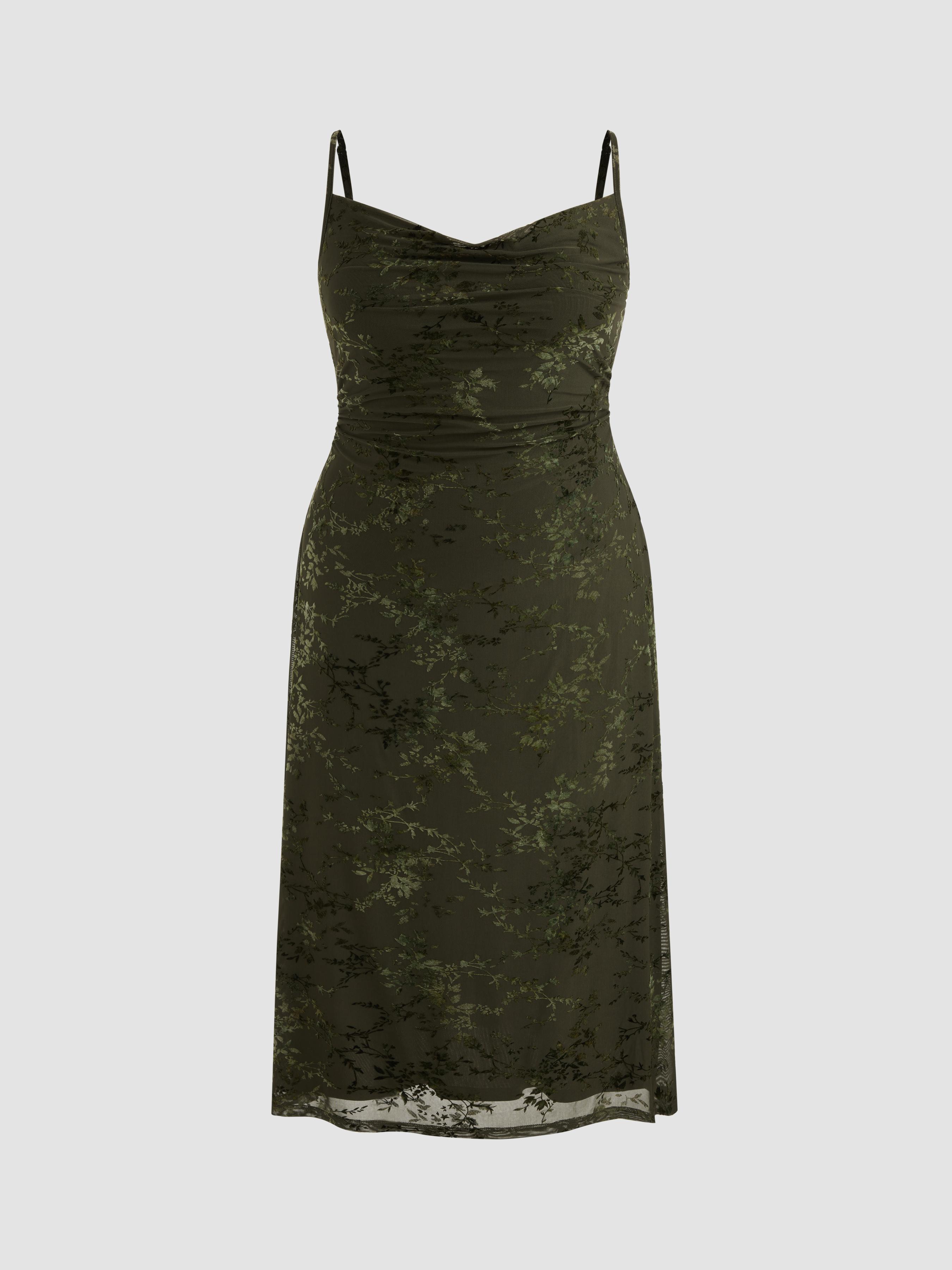 Mesh Cowl Neck Floral Ruched Maxi Dress Curve & Plus by CIDER