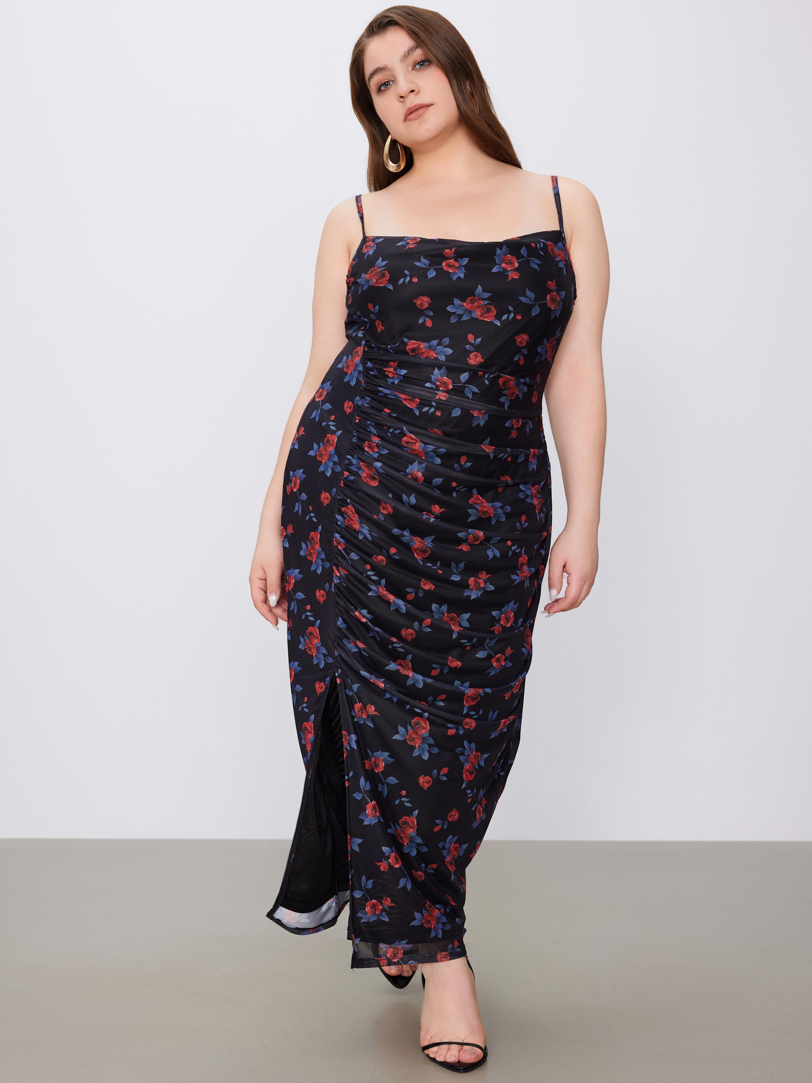 Mesh Cowl Neck Floral Split Ruched Midi Dress Curve & Plus by CIDER