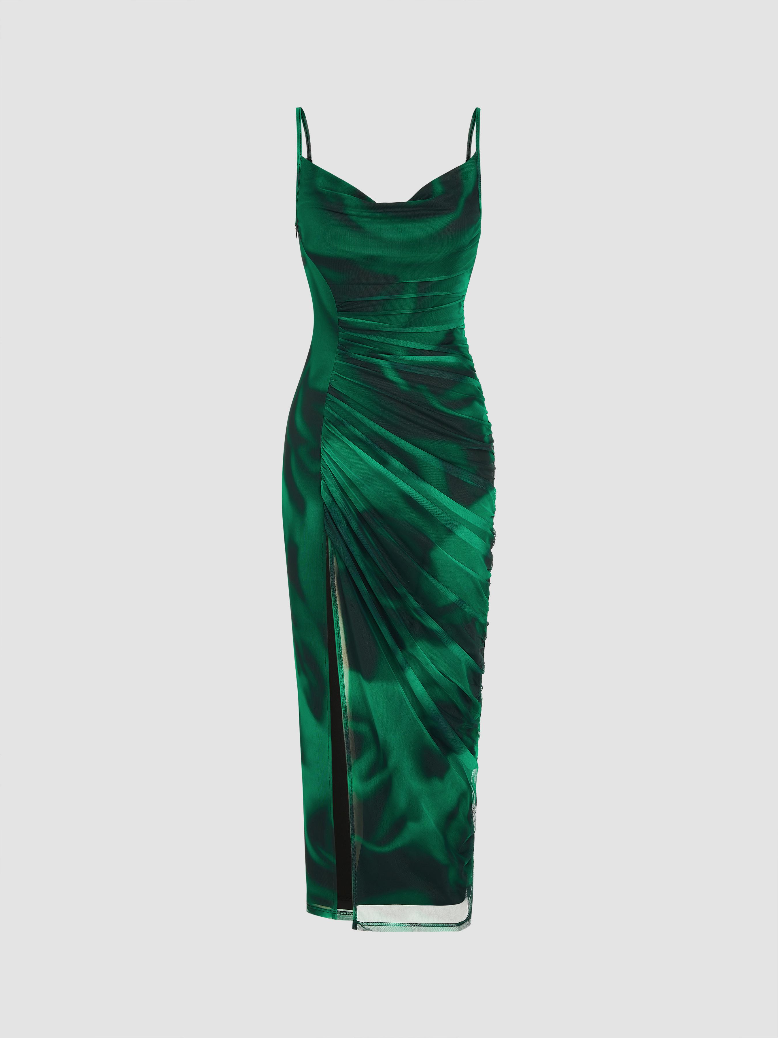 Mesh Cowl Neck Ruched Split Midi Dress by CIDER